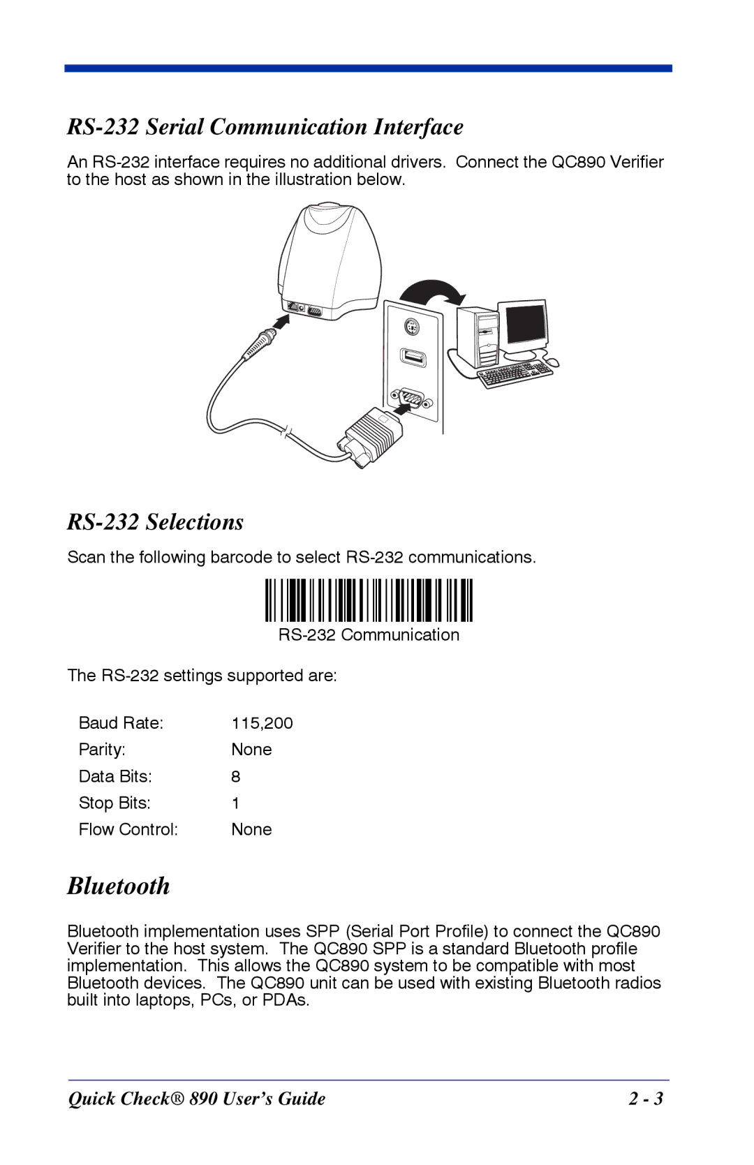 HandHeld Entertainment Quick Check 890 manual Bluetooth, RS-232 Serial Communication Interface, RS-232 Selections 