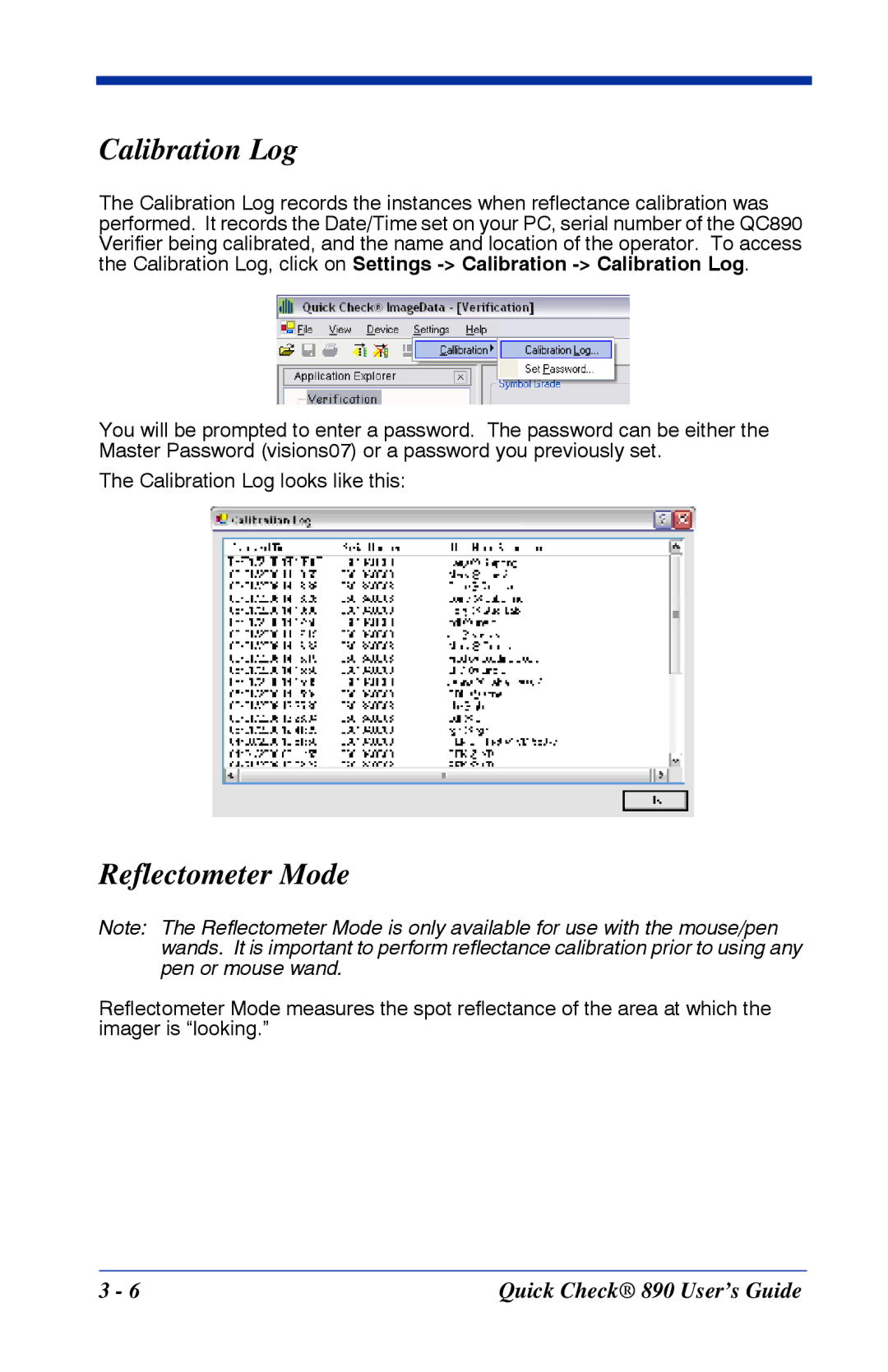 HandHeld Entertainment Quick Check 890 manual Calibration Log, Reflectometer Mode 