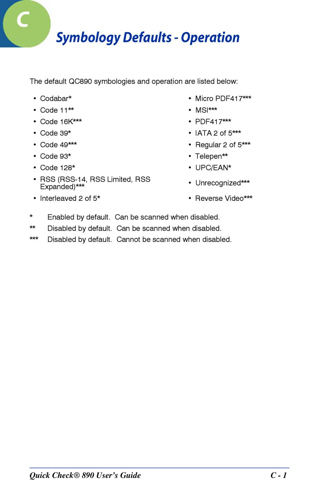 HandHeld Entertainment Quick Check 890 manual Symbology Defaults Operation 