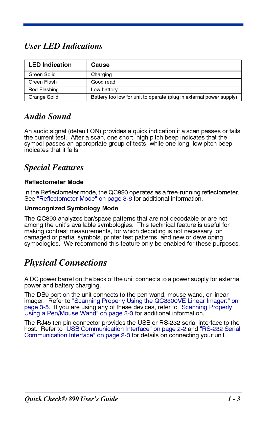 HandHeld Entertainment Quick Check 890 manual Physical Connections, User LED Indications, Audio Sound, Special Features 