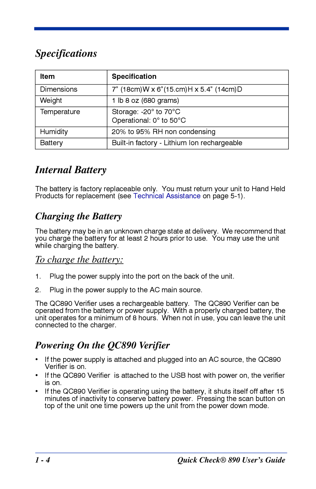 HandHeld Entertainment Quick Check 890 manual Specifications, Internal Battery, Charging the Battery 