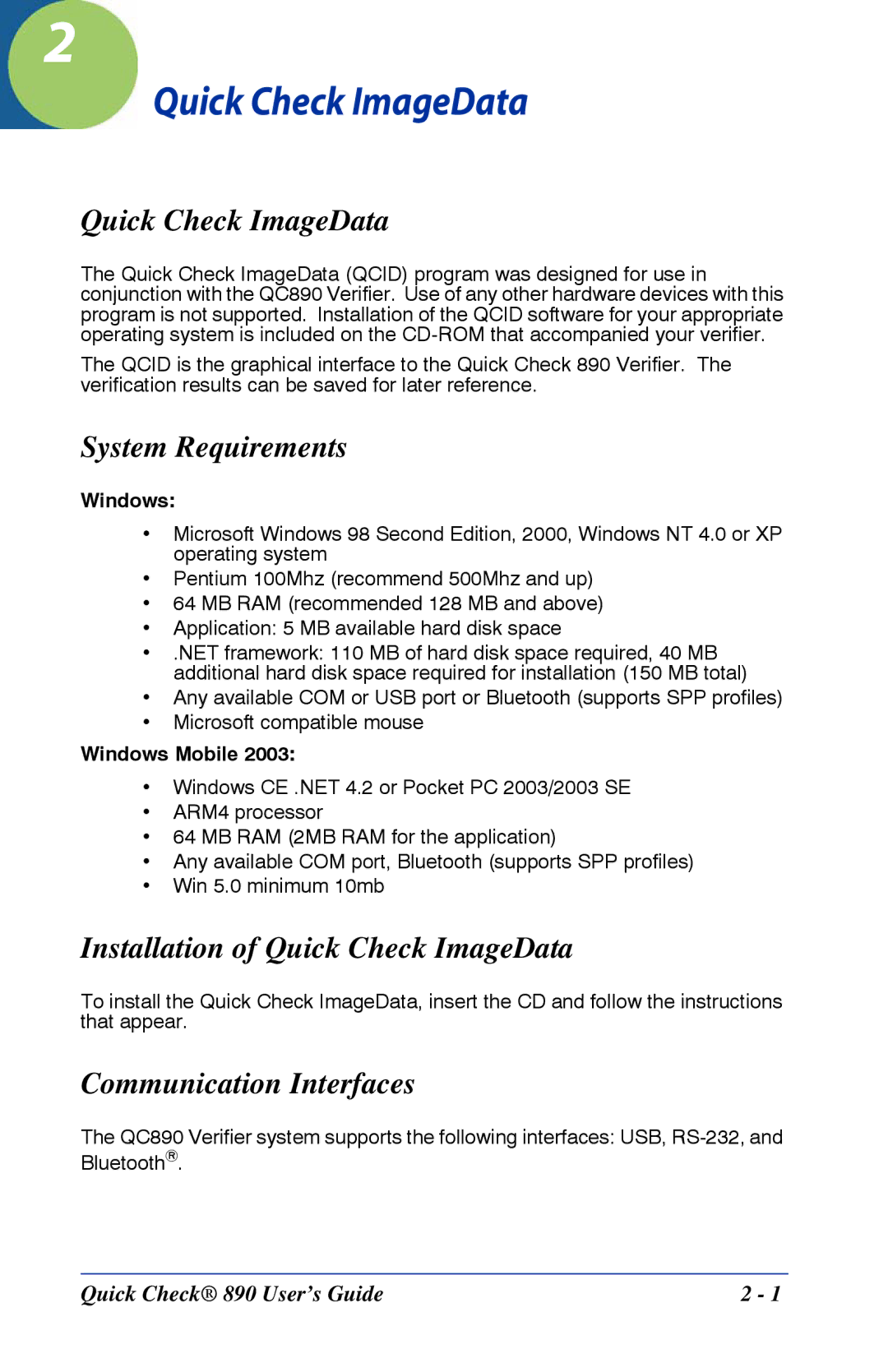 HandHeld Entertainment Quick Check 890 manual System Requirements, Installation of Quick Check ImageData 