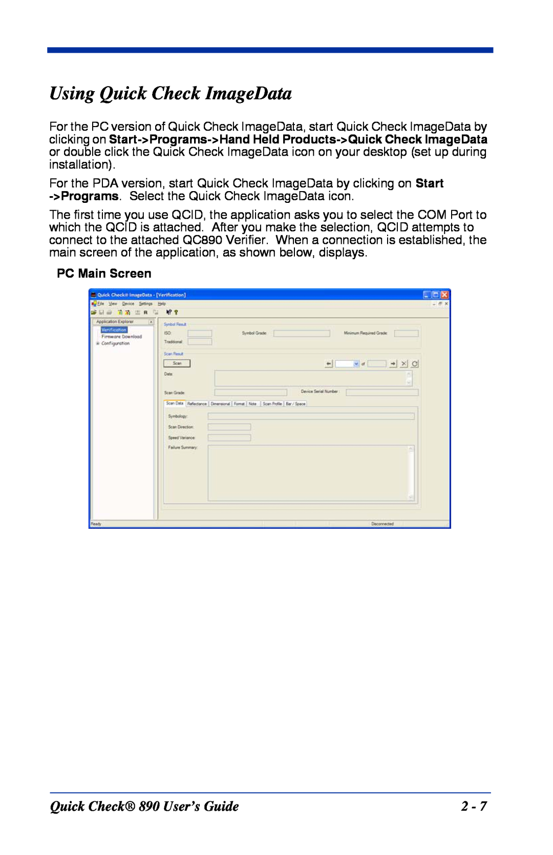 HandHeld Entertainment manual Using Quick Check ImageData, Quick Check 890 User’s Guide, PC Main Screen 