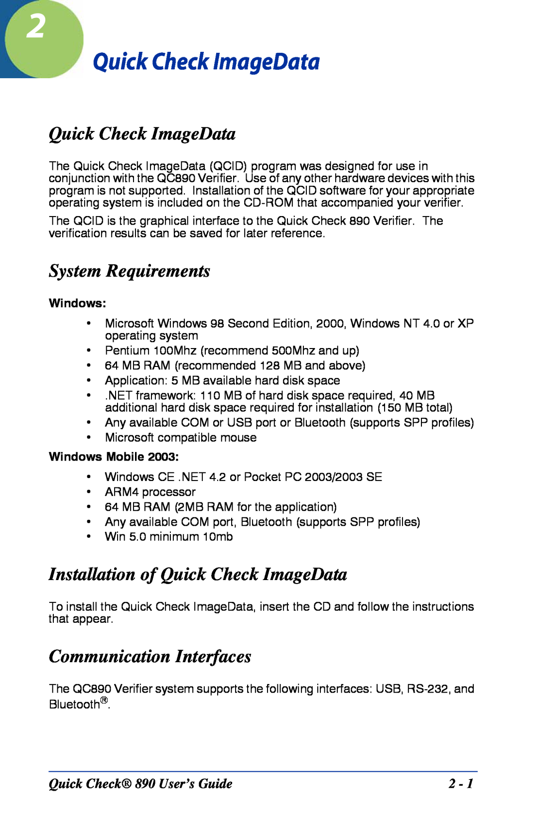 HandHeld Entertainment Quick Check 890 manual System Requirements, Installation of Quick Check ImageData, Windows 