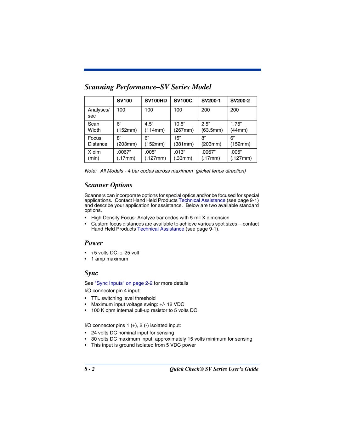 HandHeld Entertainment manual Scanning Performance-SV Series Model, Scanner Options, Power, Sync 