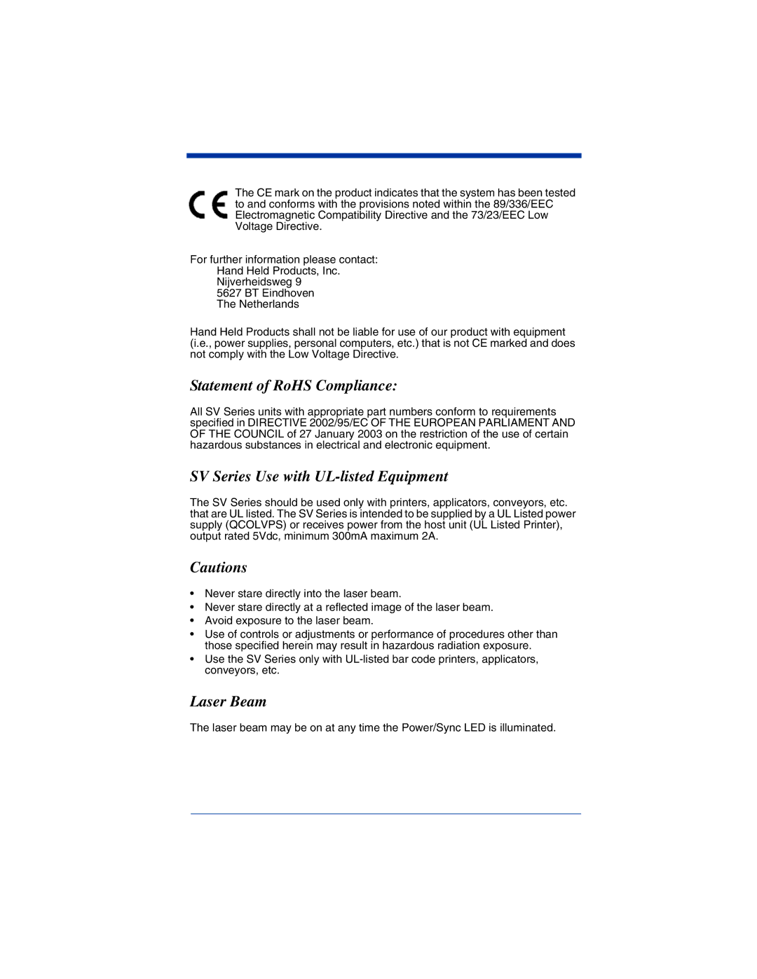 HandHeld Entertainment manual Statement of RoHS Compliance, SV Series Use with UL-listed Equipment, Laser Beam 