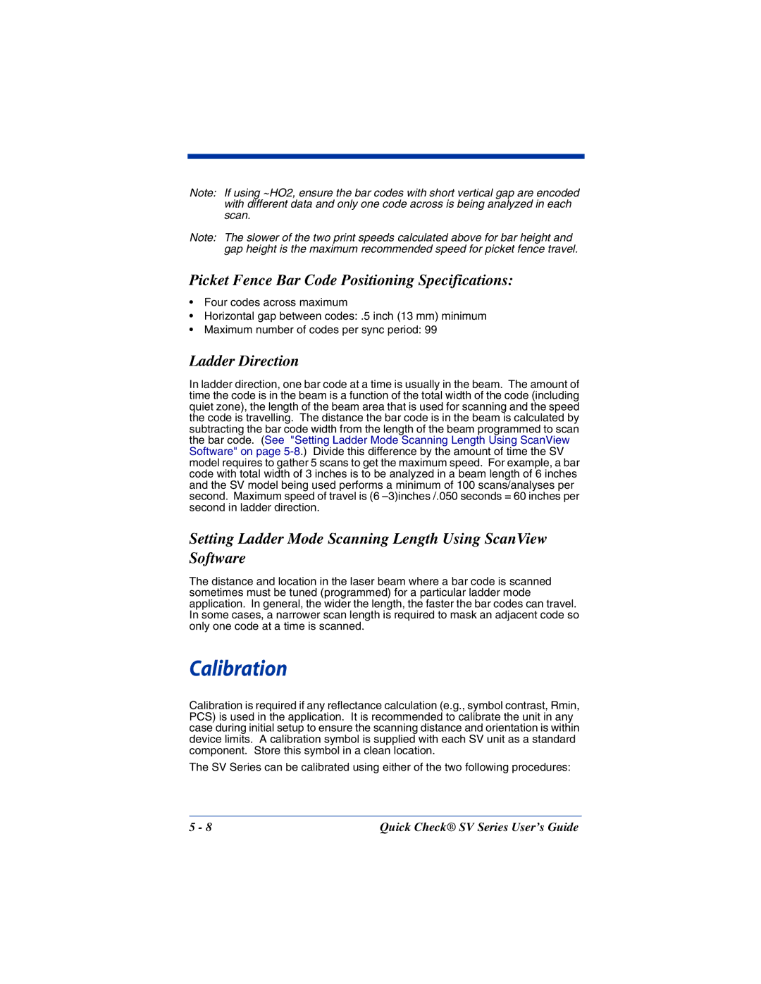 HandHeld Entertainment SV Series manual Calibration, Picket Fence Bar Code Positioning Specifications, Ladder Direction 