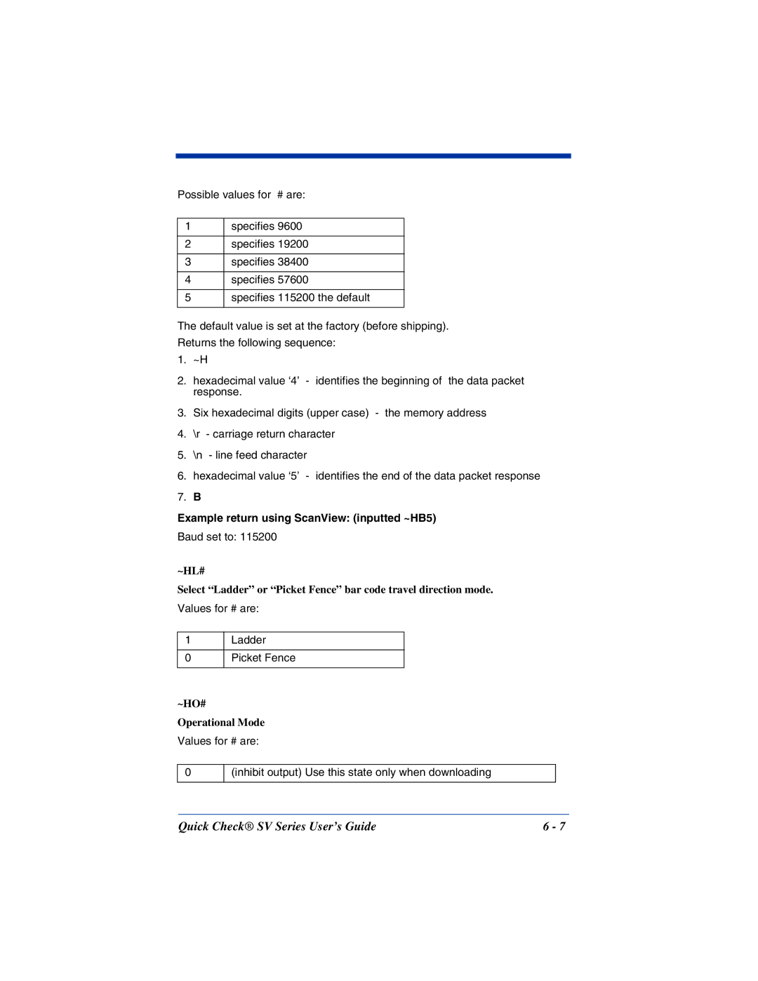 HandHeld Entertainment SV Series manual Example return using ScanView inputted ~HB5, ~HO# Operational Mode 