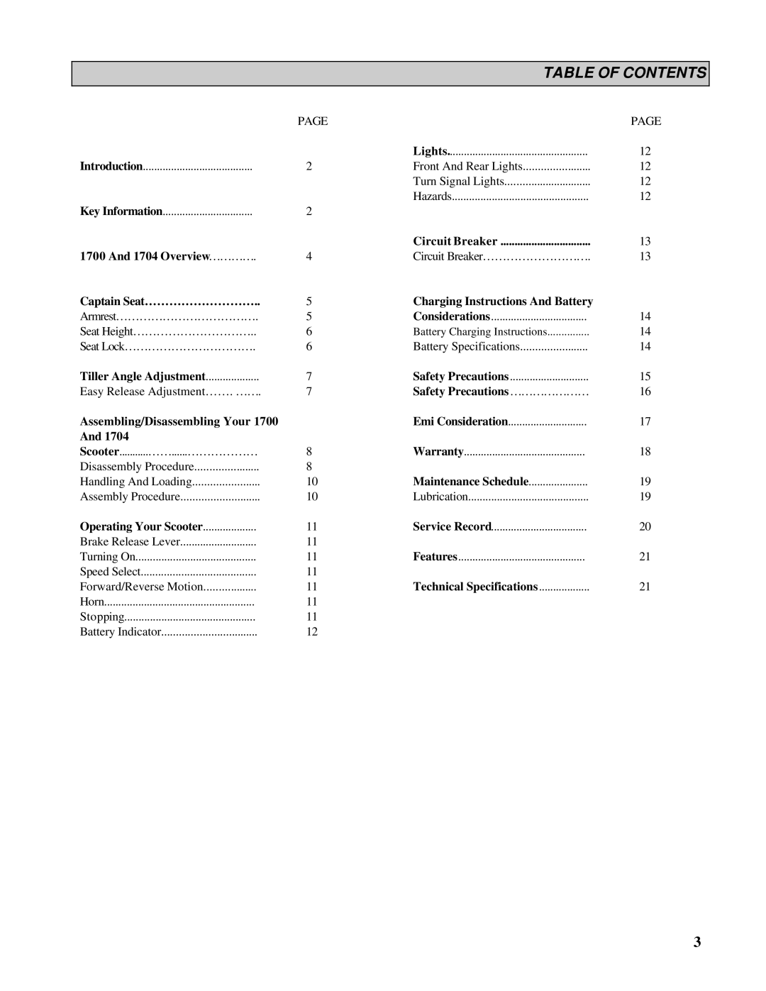 Handicare 1700 manual Table of Contents 