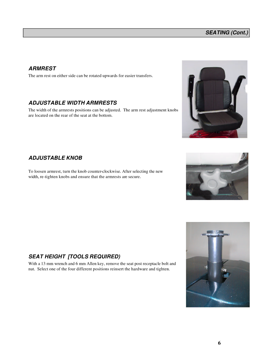 Handicare 1700 manual Adjustable Width Armrests, Adjustable Knob, Seat Height Tools Required 