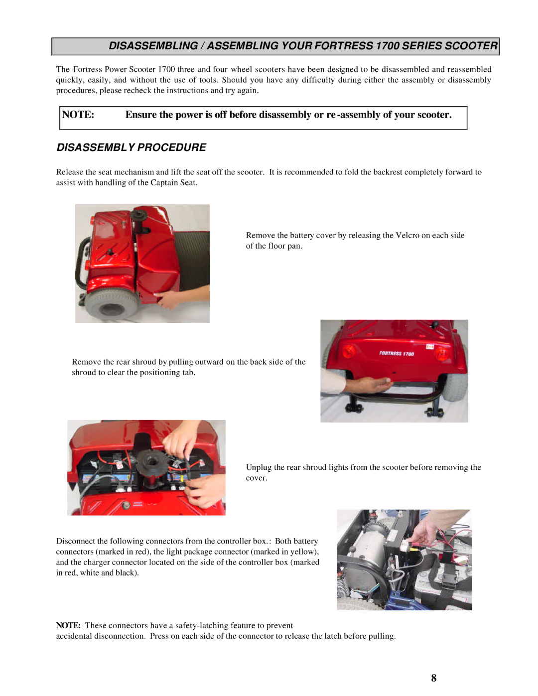 Handicare manual Disassembling / Assembling Your Fortress 1700 Series Scooter, Disassembly Procedure 