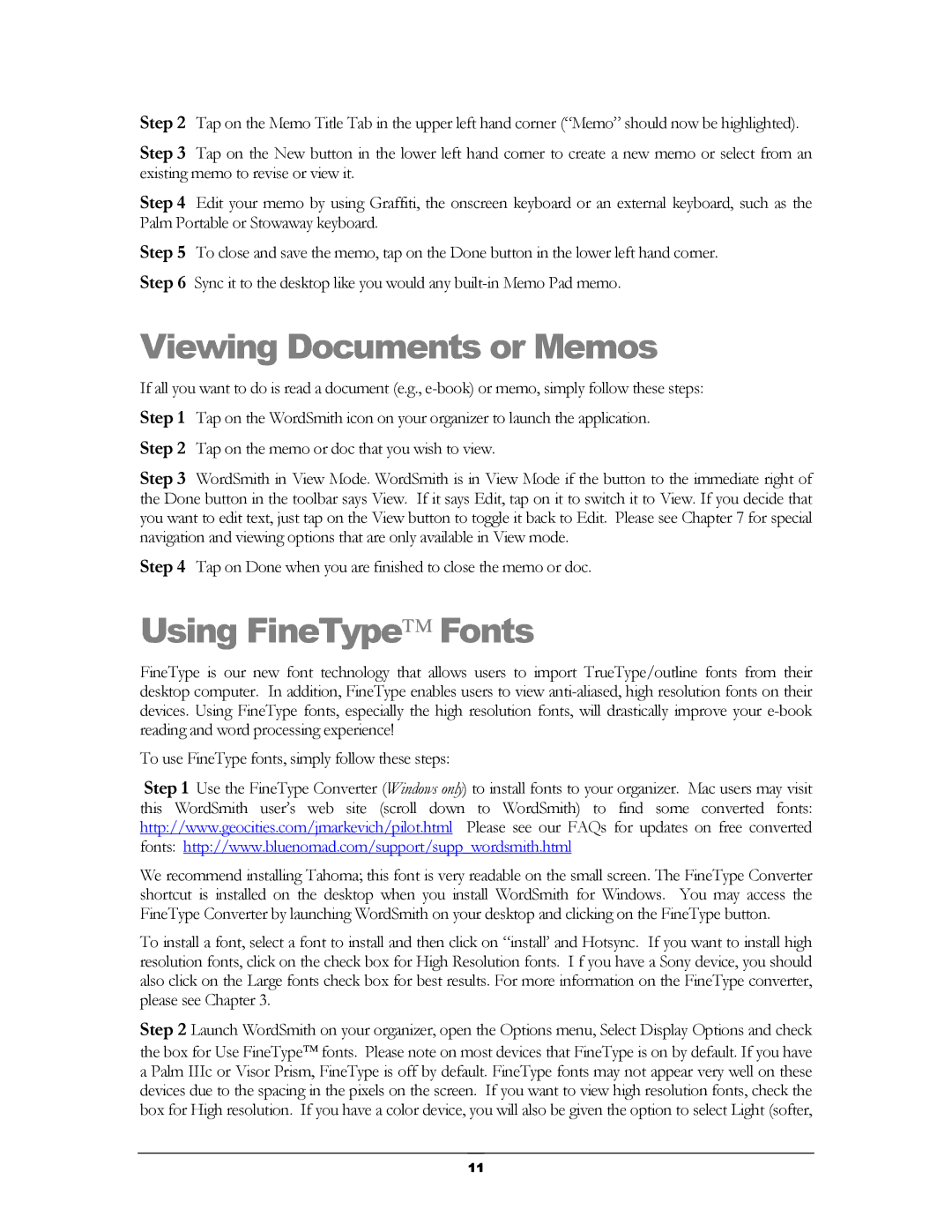 Handmark 2.2 manual Viewing Documents or Memos, Using FineType Fonts 