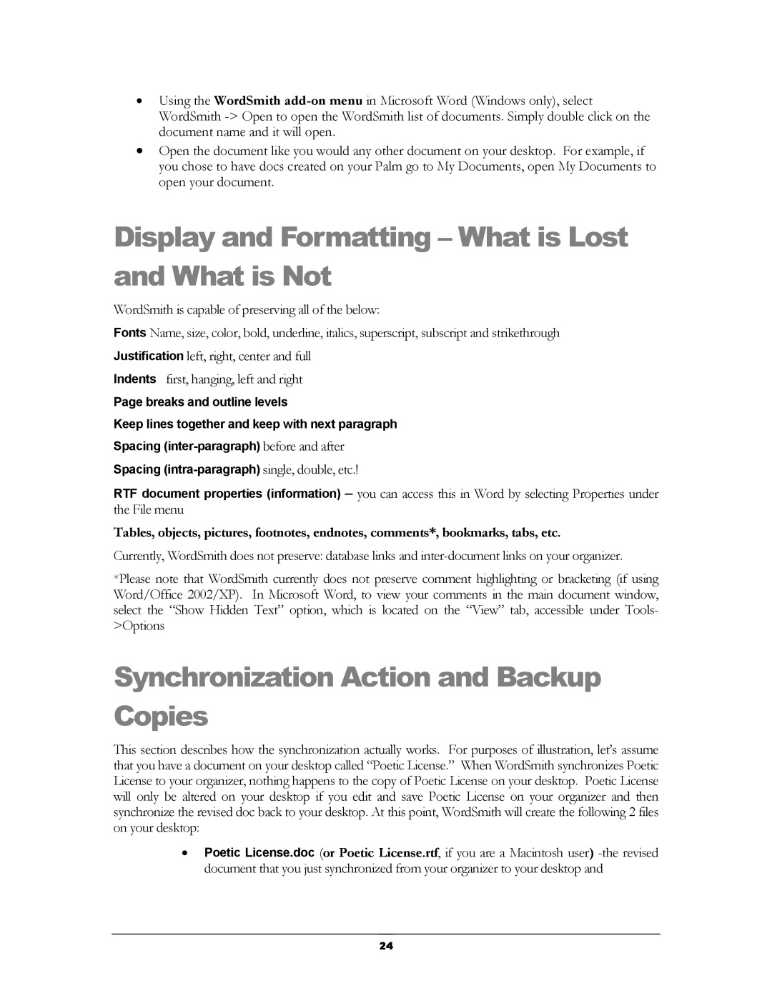 Handmark 2.2 manual Display and Formatting What is Lost and What is Not, Synchronization Action and Backup Copies 