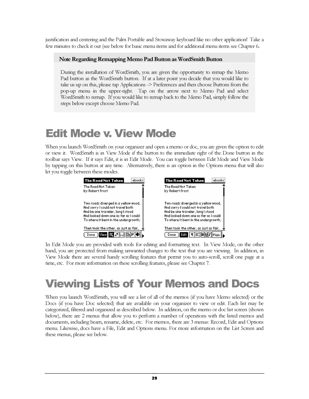 Handmark 2.2 manual Edit Mode v. View Mode, Viewing Lists of Your Memos and Docs 