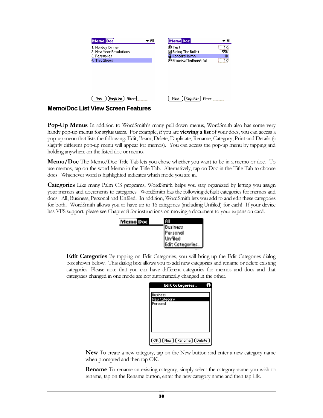 Handmark 2.2 manual Memo/Doc List View Screen Features 