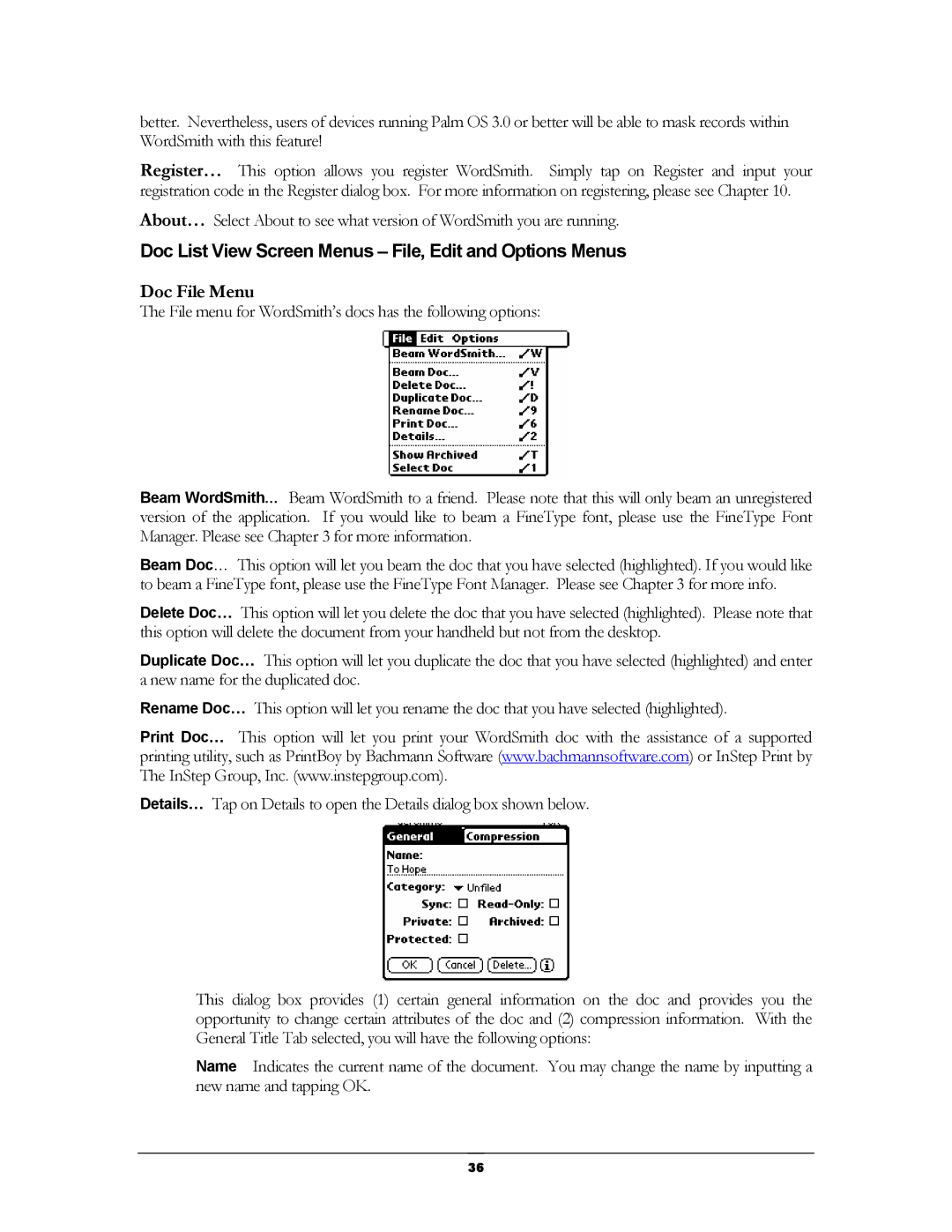 Handmark 2.2 manual Doc List View Screen Menus File, Edit and Options Menus, Doc File Menu 