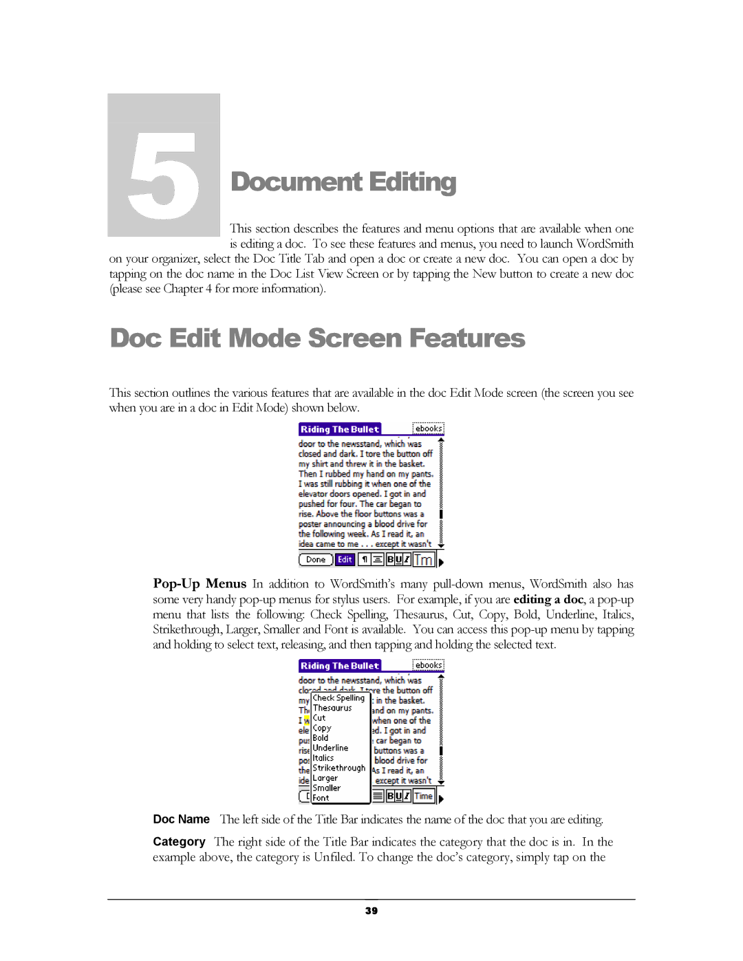 Handmark 2.2 manual Document Editing, Doc Edit Mode Screen Features 