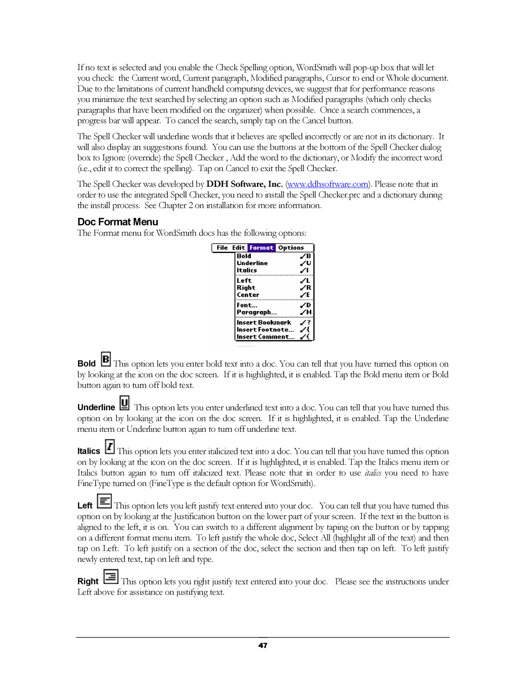 Handmark 2.2 manual Doc Format Menu 