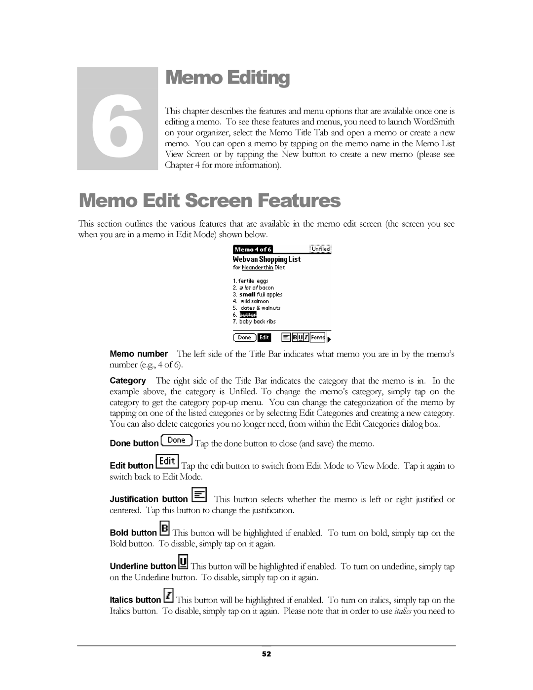 Handmark 2.2 manual 6Chapter Memo Editing, Memo Edit Screen Features 