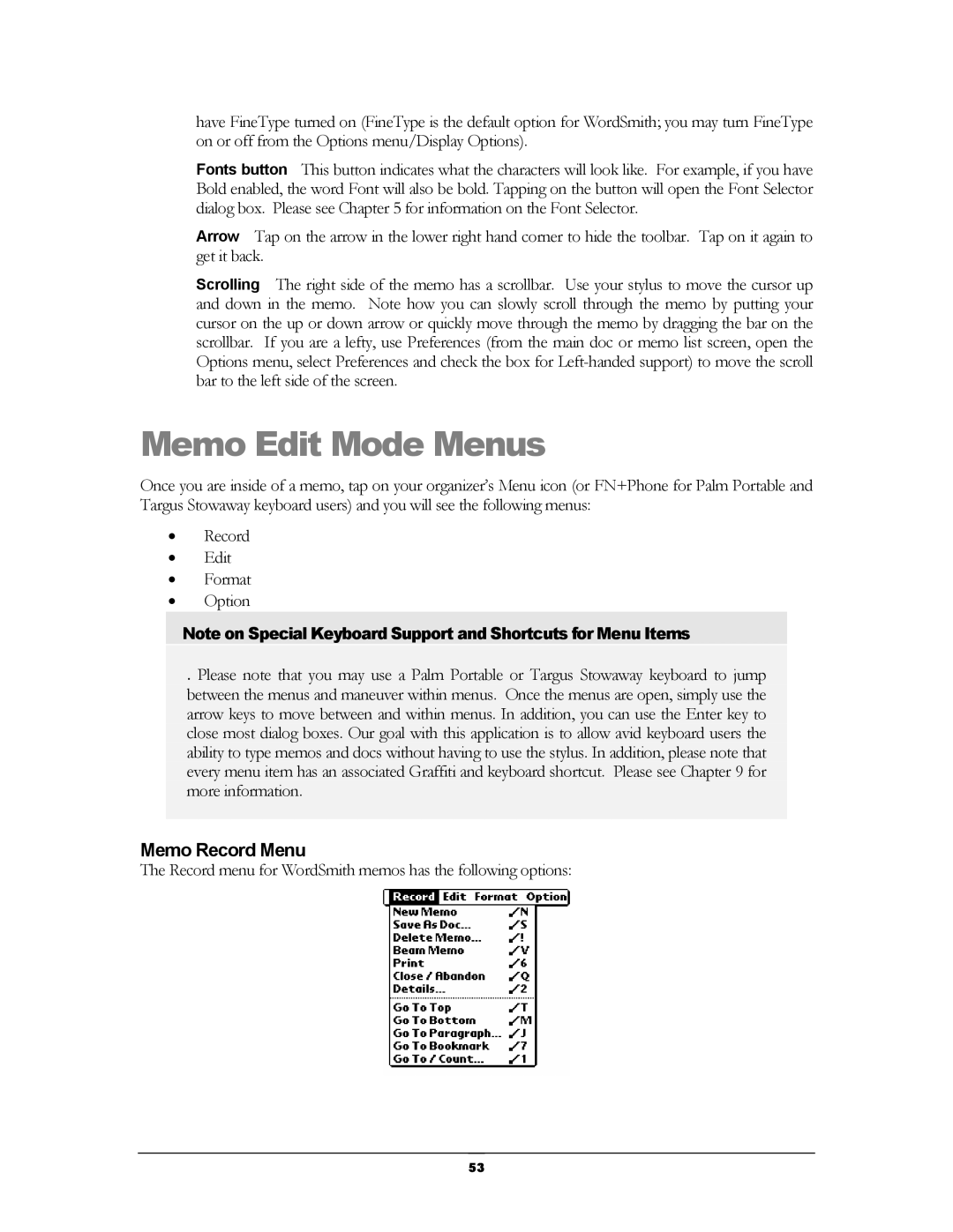 Handmark 2.2 manual Memo Edit Mode Menus, Memo Record Menu 