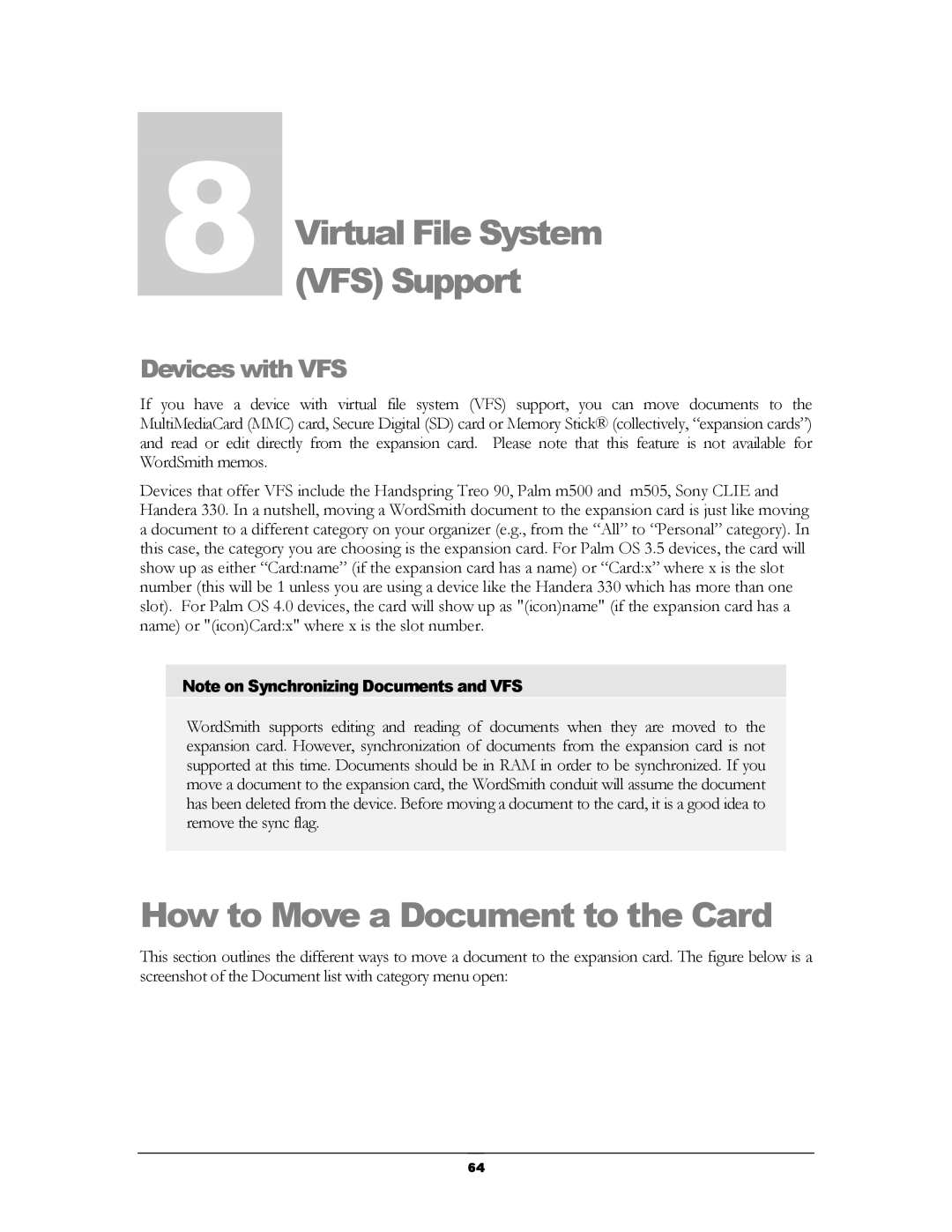 Handmark 2.2 manual Virtual File System VFS Support, How to Move a Document to the Card 