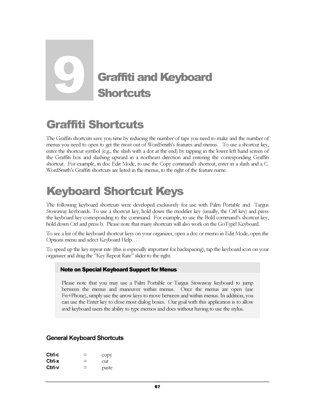 Handmark 2.2 manual Graffiti and Keyboard Shortcuts Graffiti Shortcuts, Keyboard Shortcut Keys, General Keyboard Shortcuts 