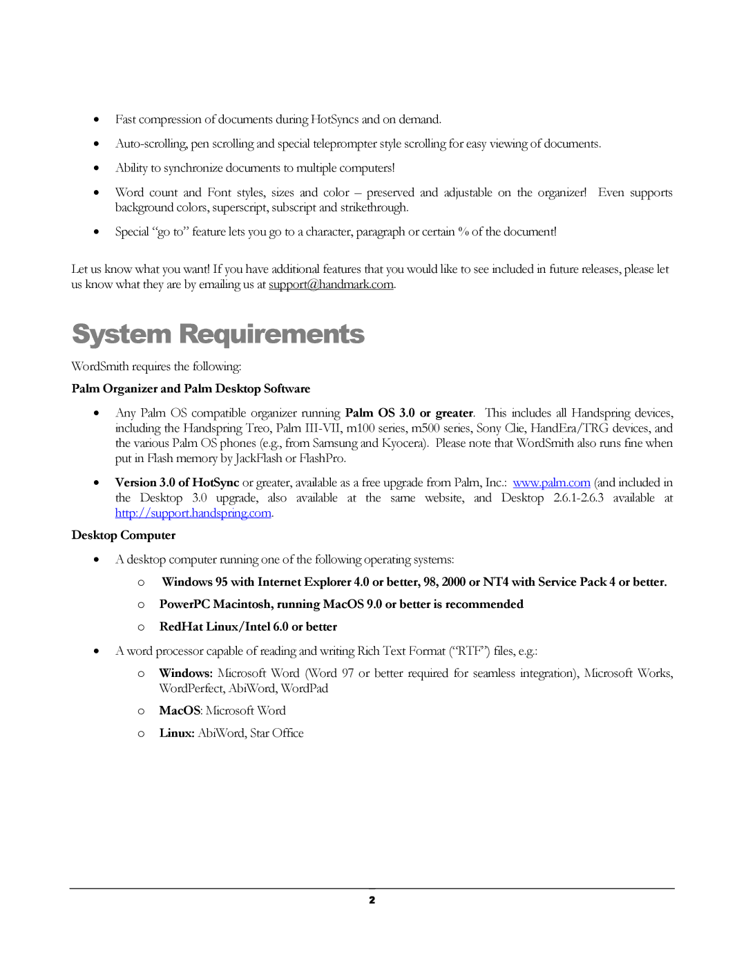 Handmark 2.2 manual System Requirements, Palm Organizer and Palm Desktop Software 