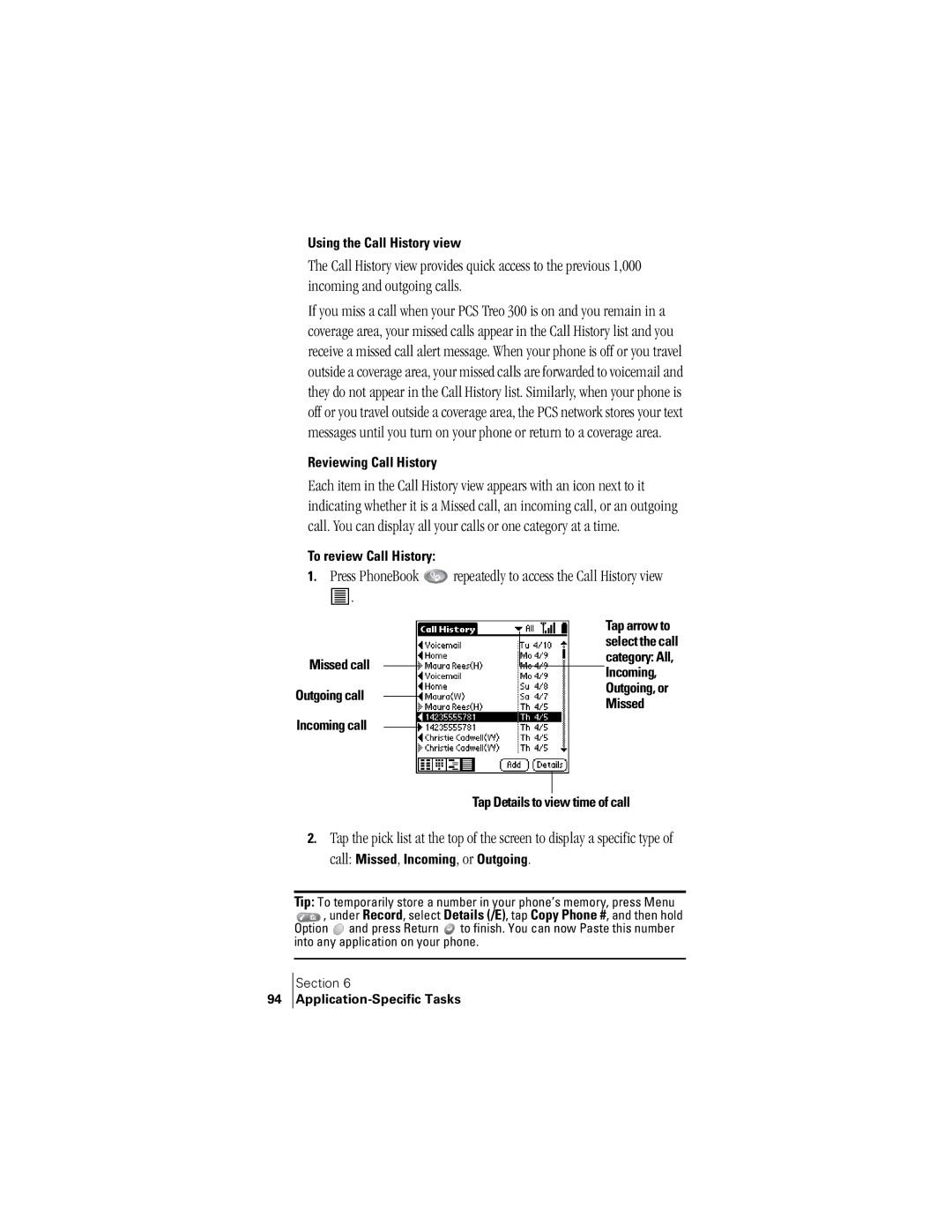 Handspring 300 manual Using the Call History view, Reviewing Call History, To review Call History 