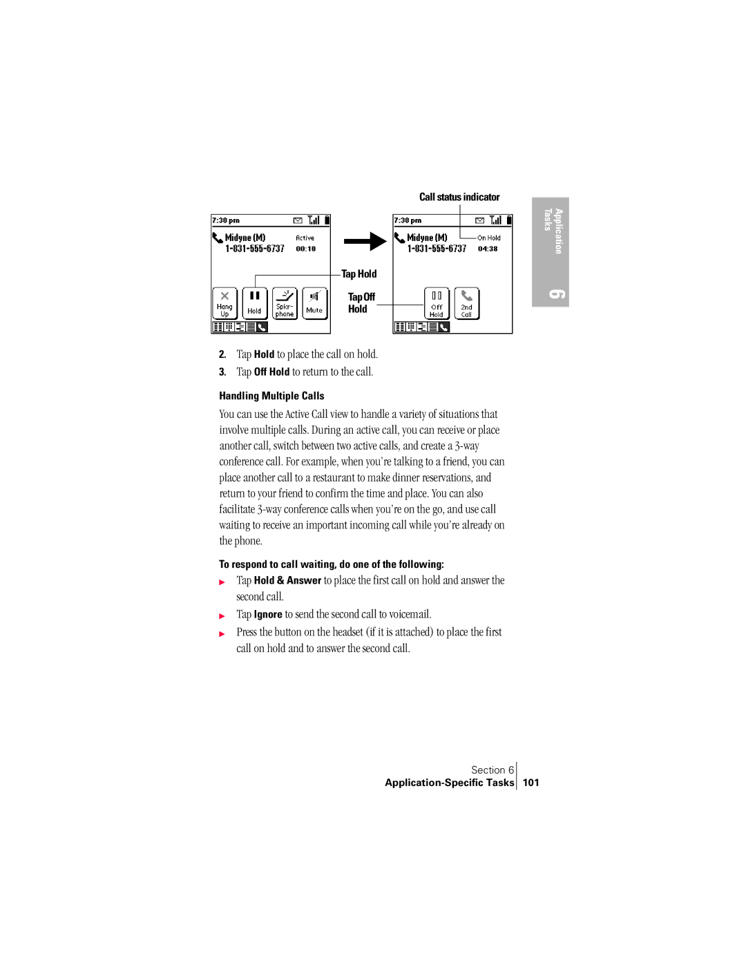 Handspring 300 manual Call status indicator Tap Hold TapOff, Handling Multiple Calls, 101 