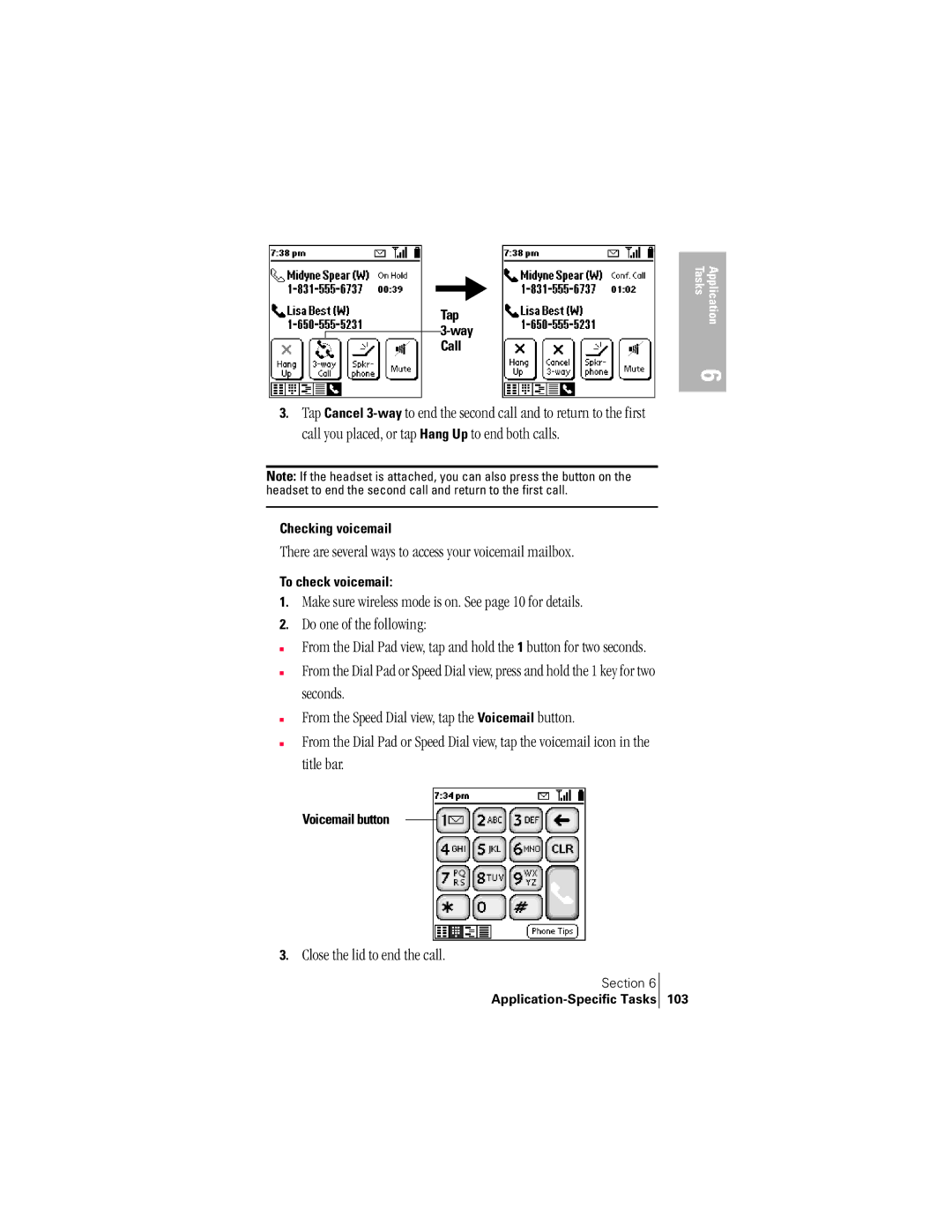 Handspring 300 manual There are several ways to access your voicemail mailbox, Tap, Checking voicemail, To check voicemail 