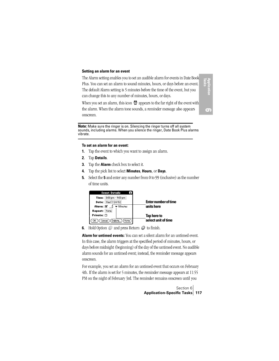 Handspring 300 manual Tap the event to which you want to assign an alarm, Setting an alarm for an event 
