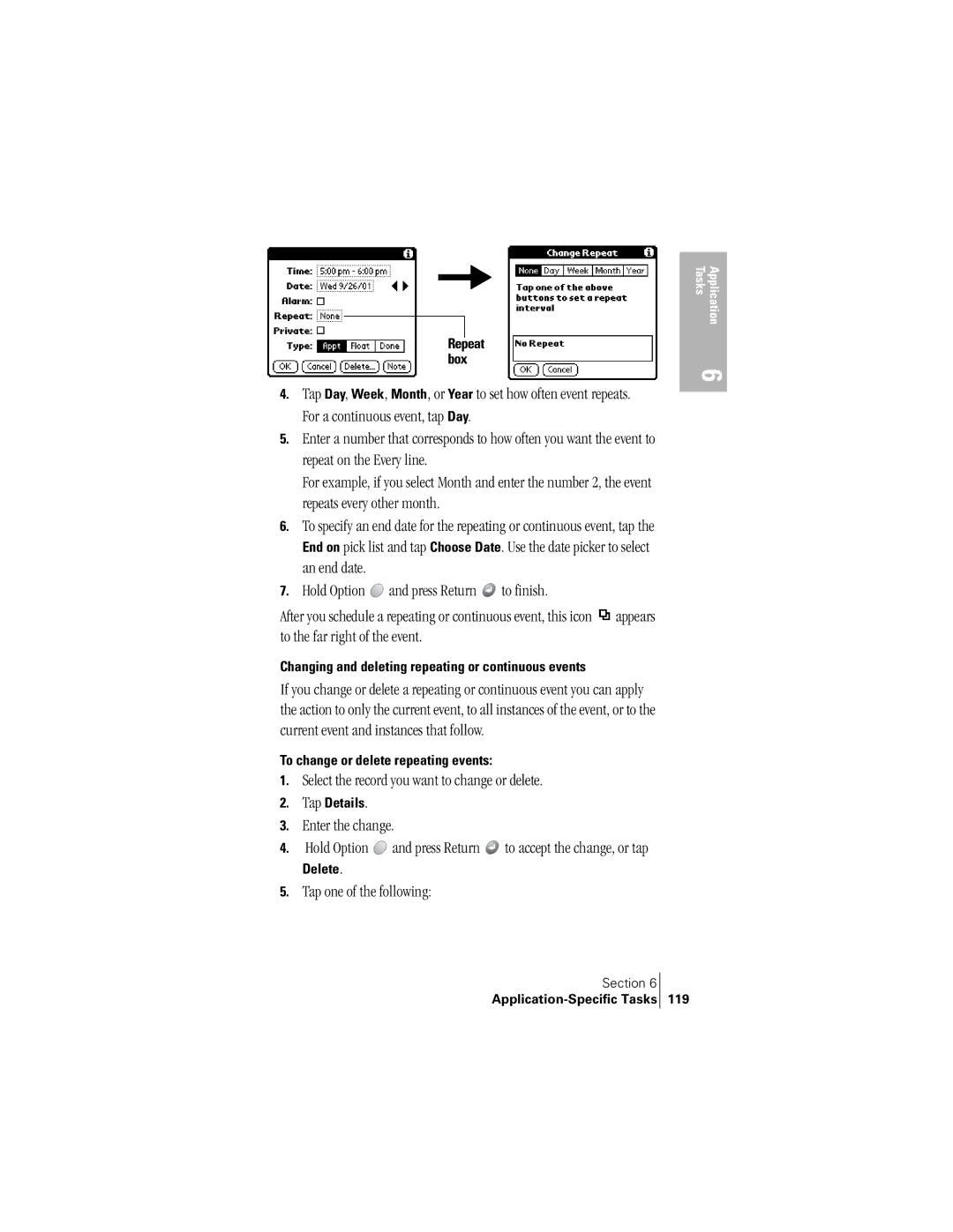 Handspring 300 manual Select the record you want to change or delete, Repeat box, To change or delete repeating events 