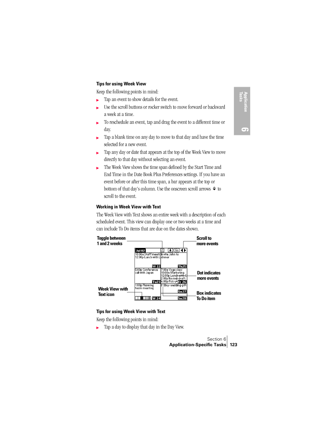 Handspring 300 manual Tips for using Week View, Working in Week View with Text, Application-Specific Tasks 123 