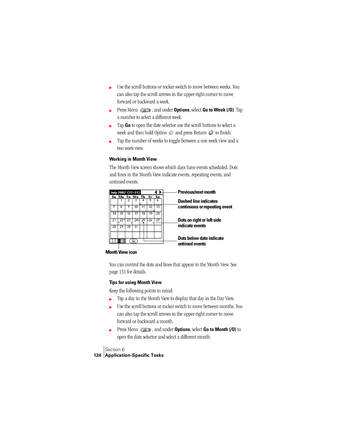 Handspring 300 manual Keep the following points in mind, Working in Month View, Previous/next month, Month View icon 