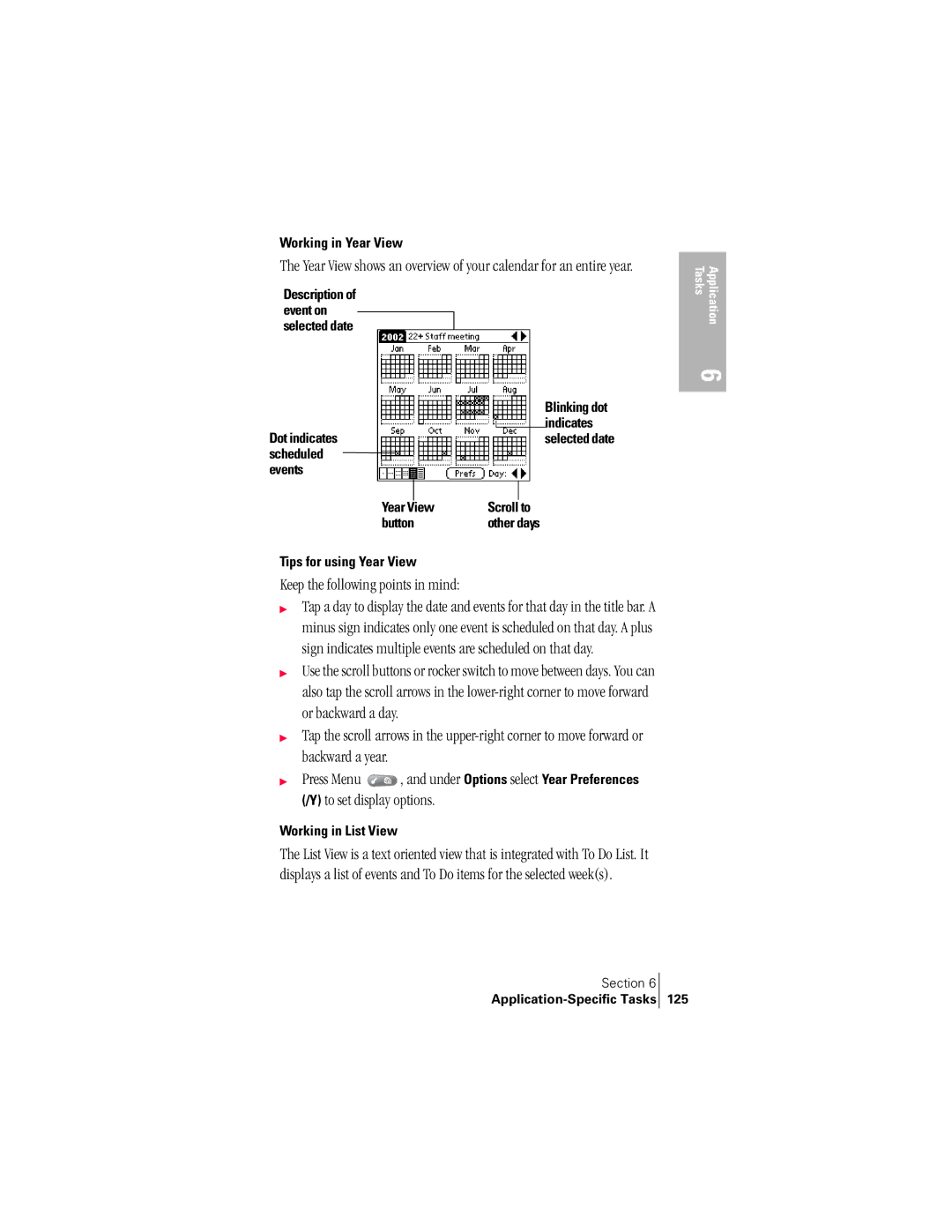 Handspring 300 manual Working in Year View, Button, Tips for using Year View, Working in List View, Scroll to 