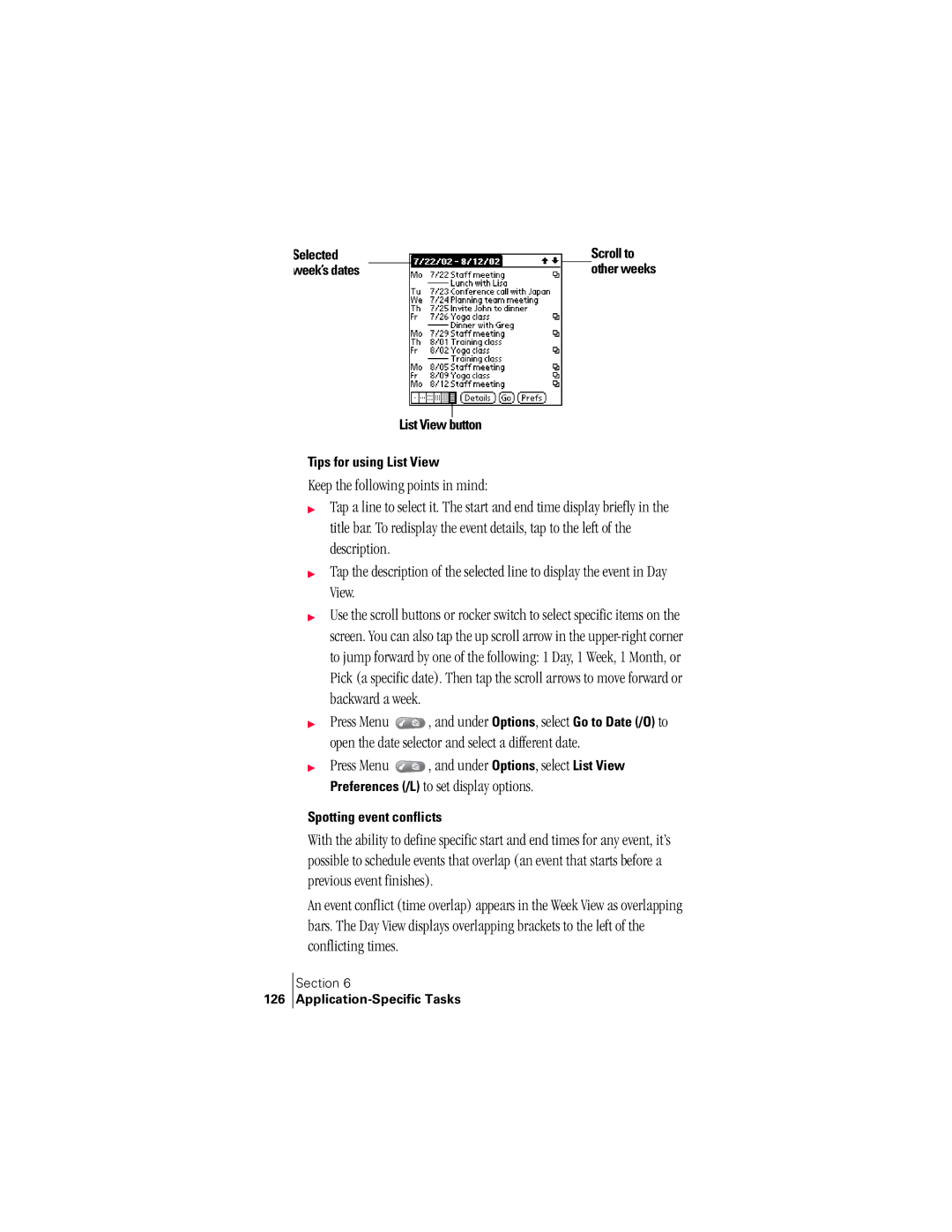 Handspring 300 manual Selected Scroll to, List View button Tips for using List View, Spotting event conflicts, 126 
