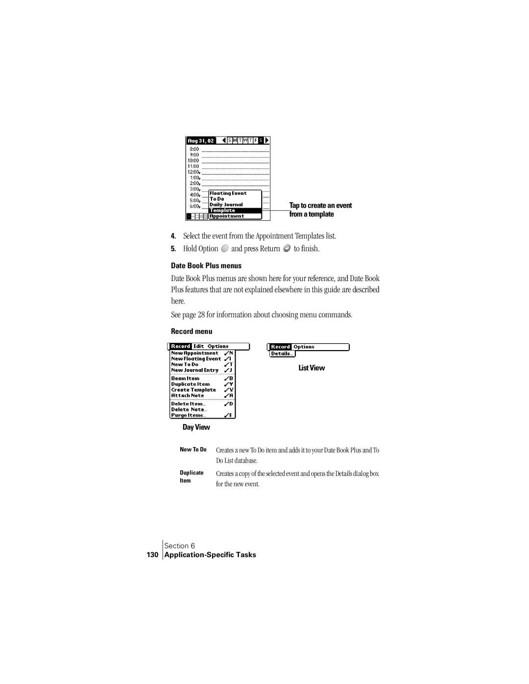 Handspring 300 manual Date Book Plus menus, Record menu List View Day View, 130 