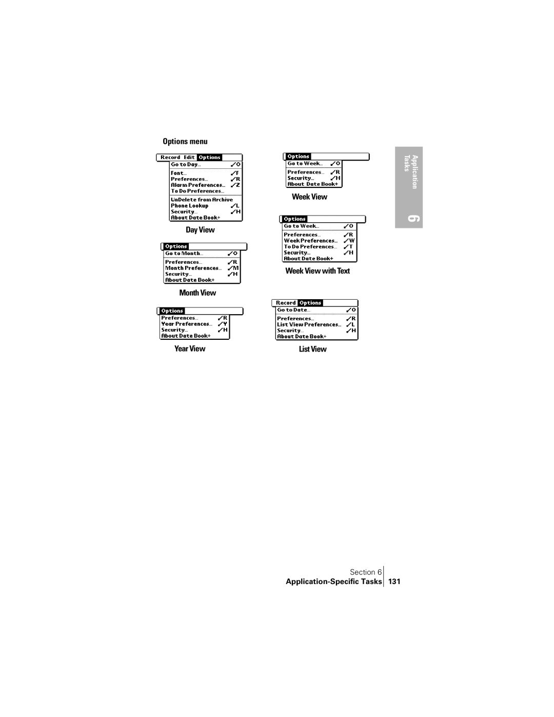 Handspring 300 Options menu, Week View Day View Week View with Text Month View Year View, Application-Specific Tasks 131 