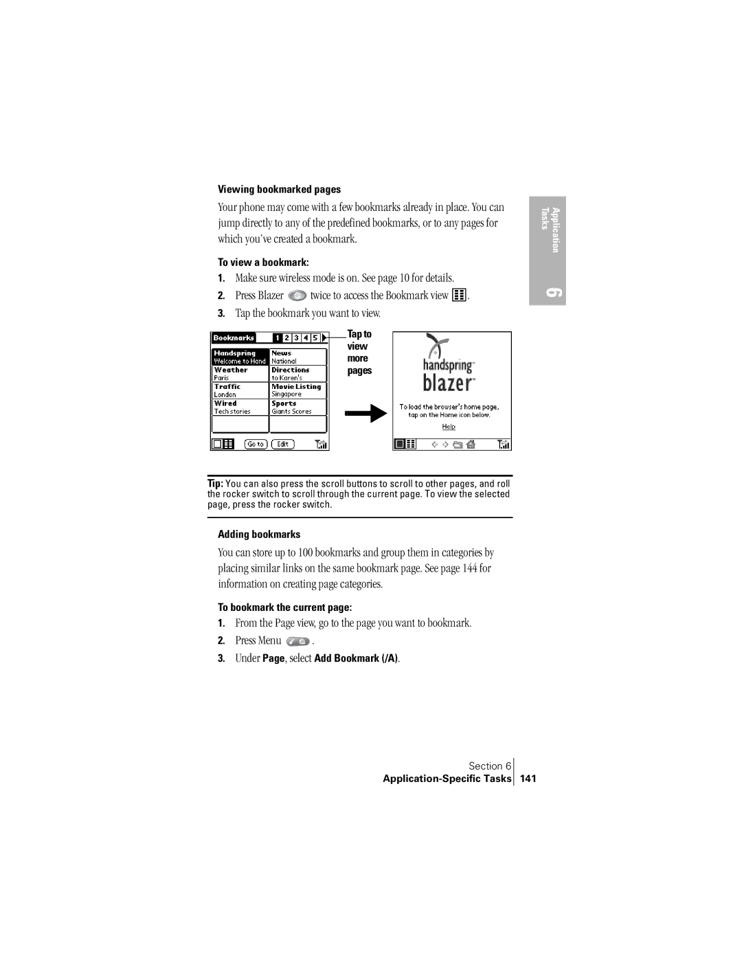 Handspring 300 manual Viewing bookmarked pages, To view a bookmark, Adding bookmarks, To bookmark the current 