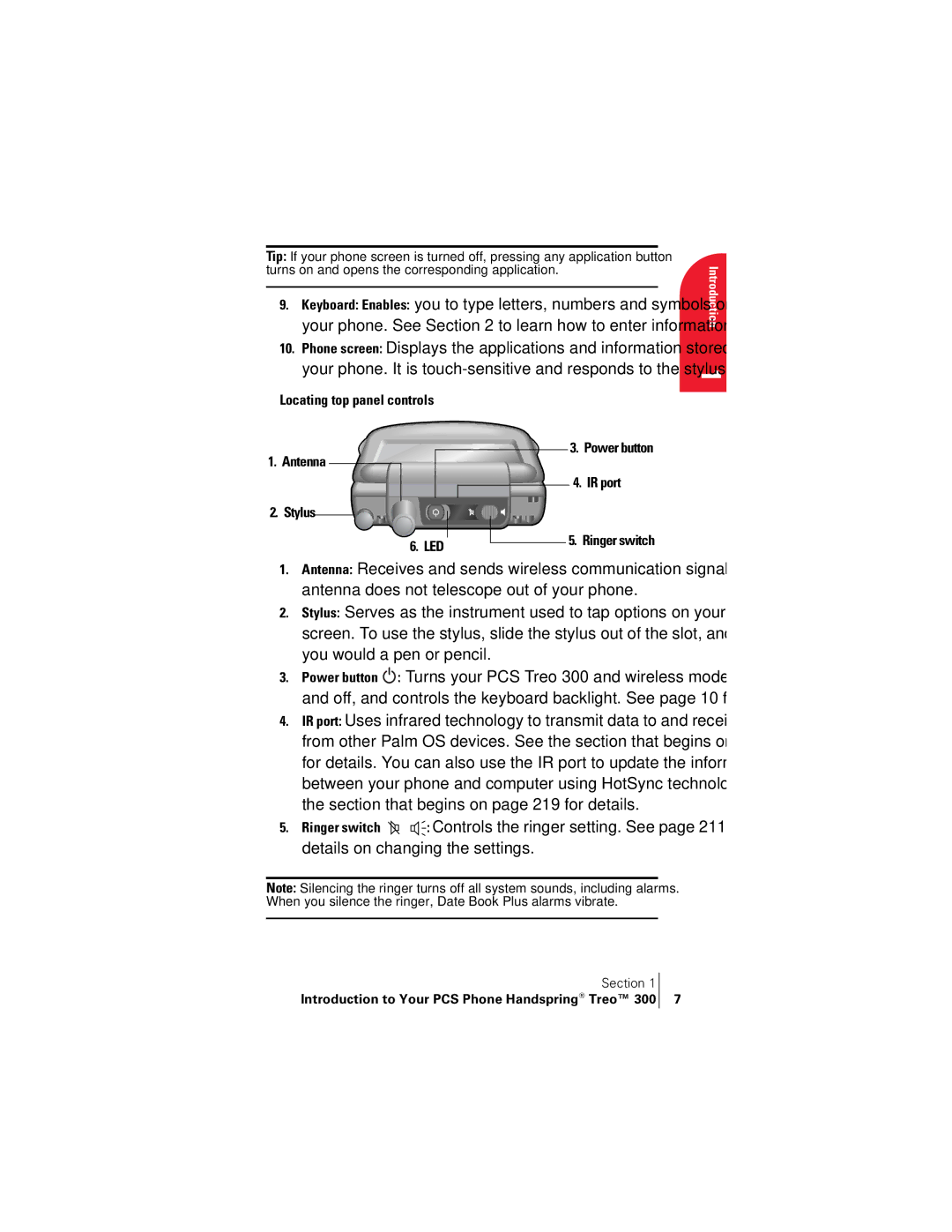 Handspring 300 manual Locating top panel controls, Stylus LED Power button IR port Ringer switch, Antenna 