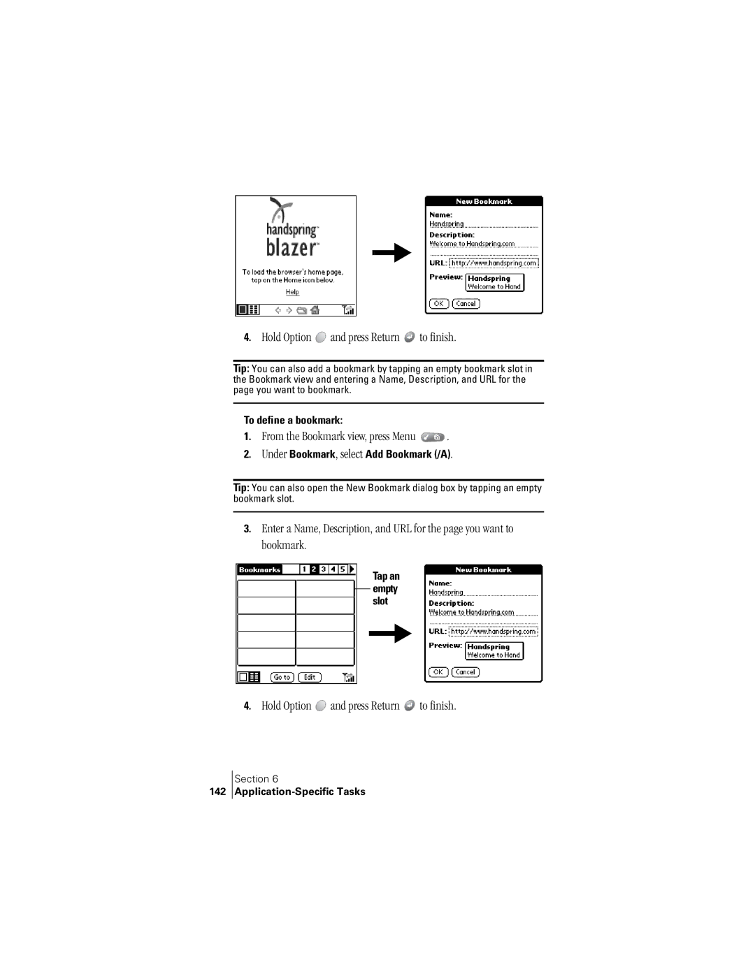 Handspring 300 manual From the Bookmark view, press Menu, To define a bookmark, Under Bookmark, select Add Bookmark /A, 142 