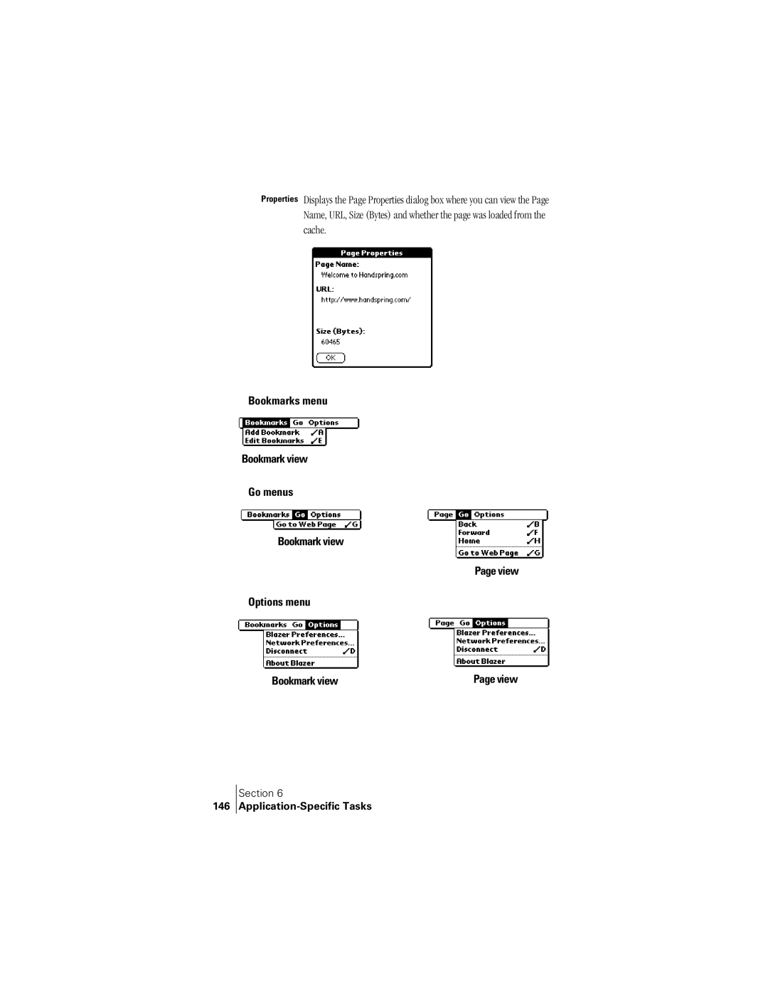Handspring 300 manual Bookmarks menu Bookmark view Go menus View Options menu, 146 