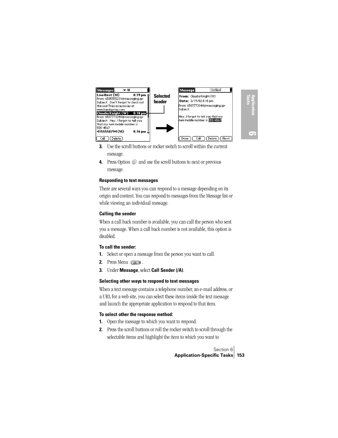 Handspring 300 manual Open the message to which you want to respond, Responding to text messages, Calling the sender 