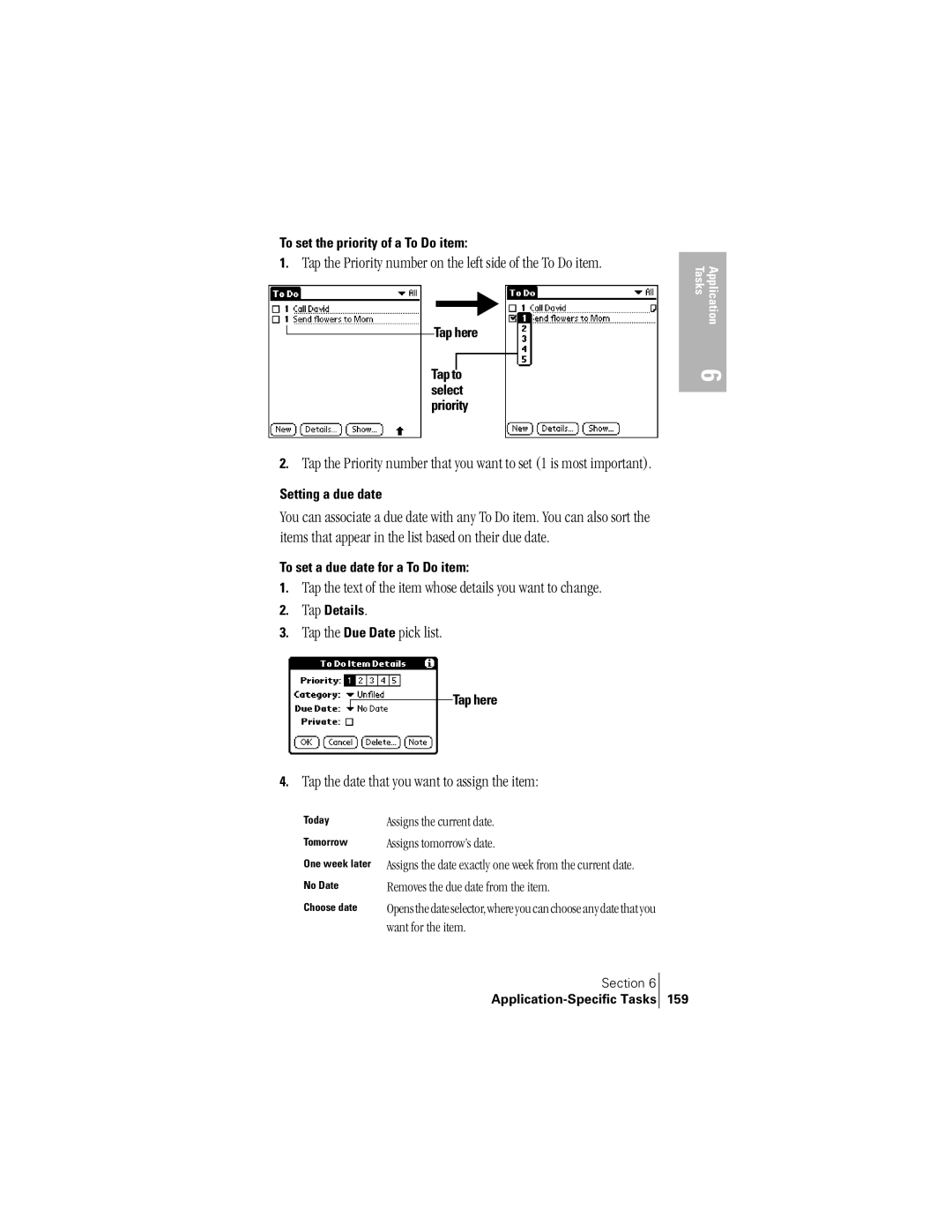 Handspring 300 manual Tap the Priority number on the left side of the To Do item, Tap the Due Date pick list 