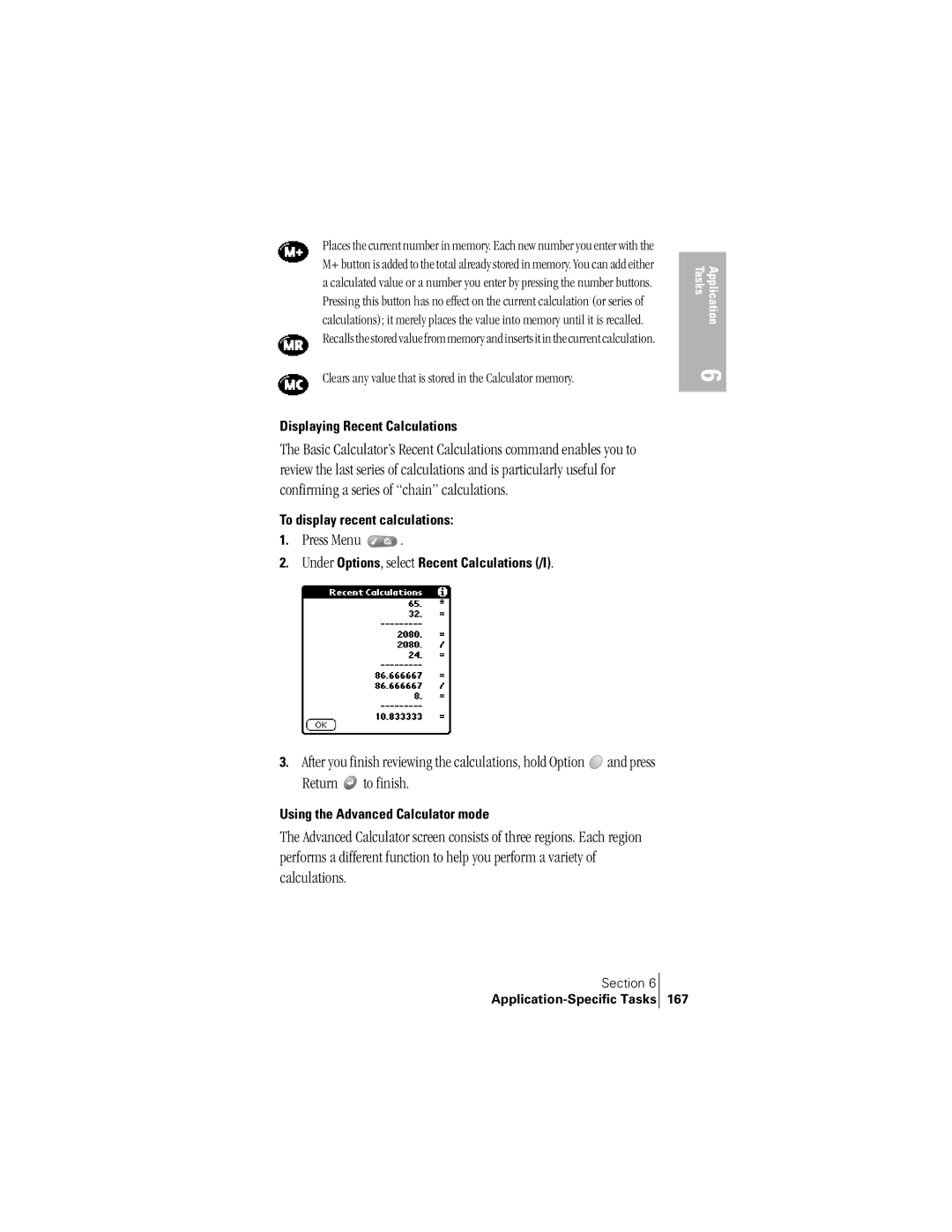 Handspring 300 manual Clears any value that is stored in the Calculator memory, Displaying Recent Calculations 