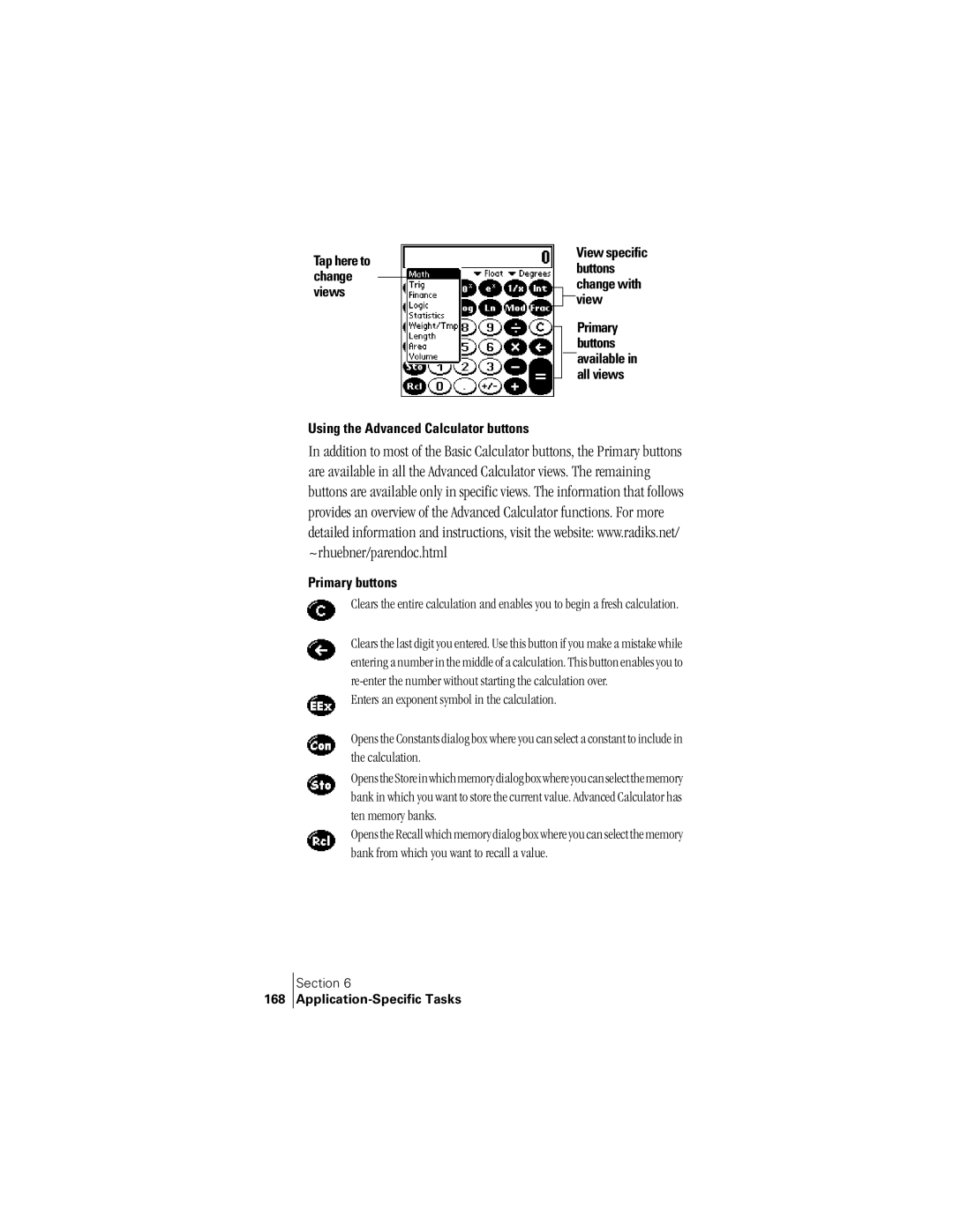 Handspring 300 manual Using the Advanced Calculator buttons, Primary buttons, Tap here to change views, 168 