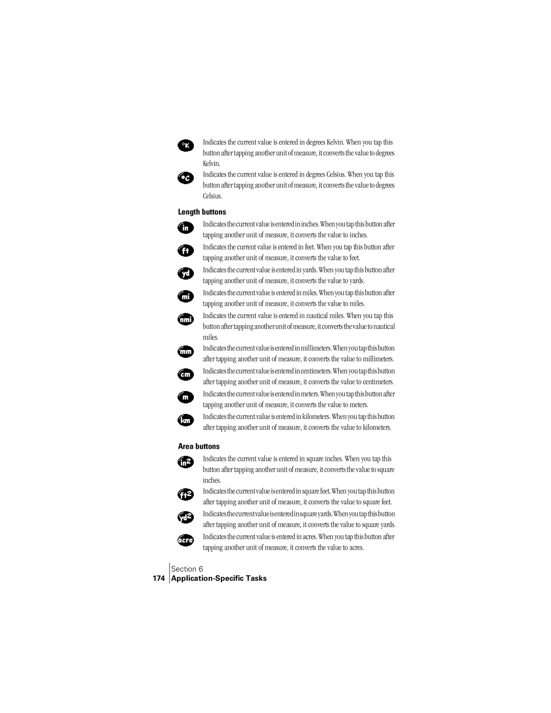 Handspring 300 manual Length buttons, Area buttons, 174 