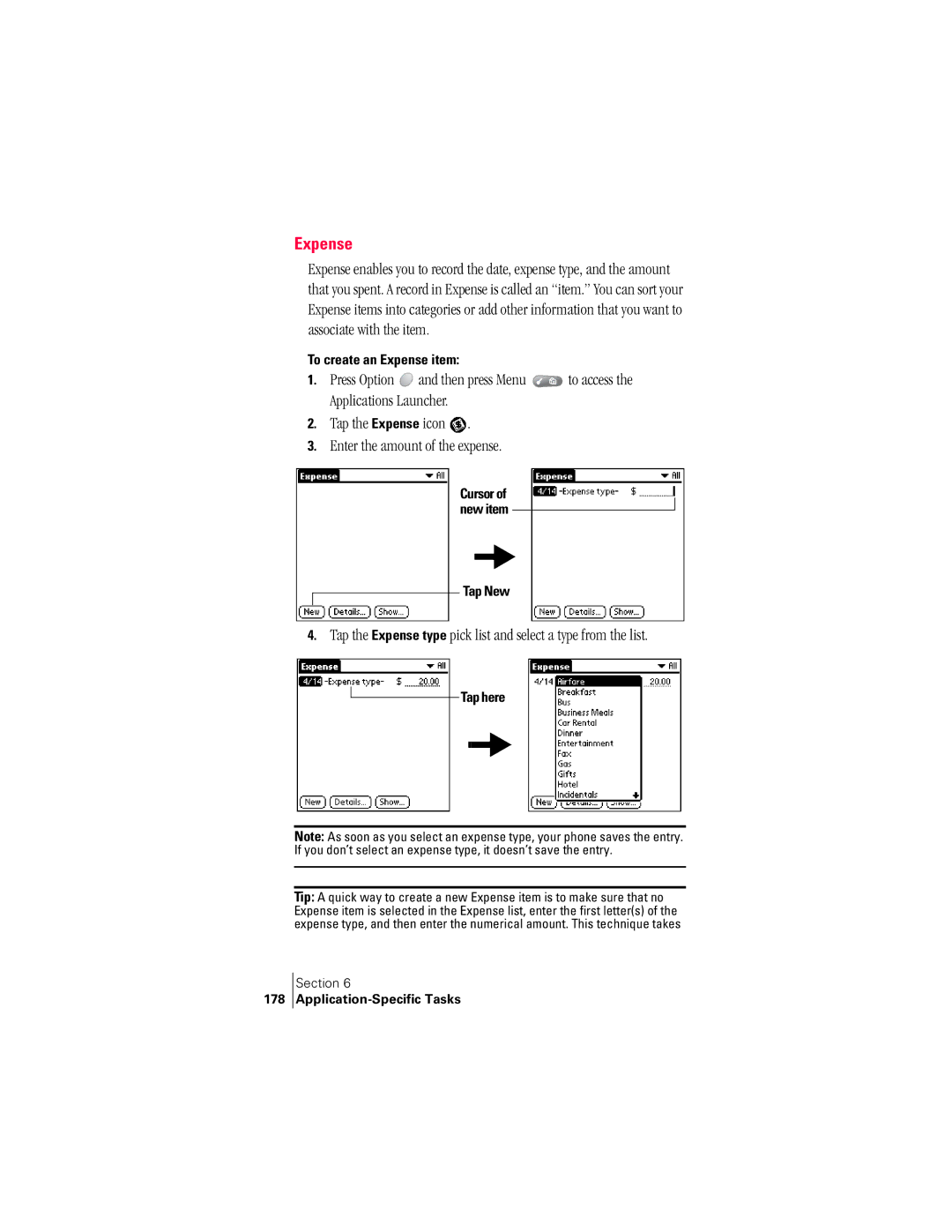 Handspring 300 manual To create an Expense item, 178 