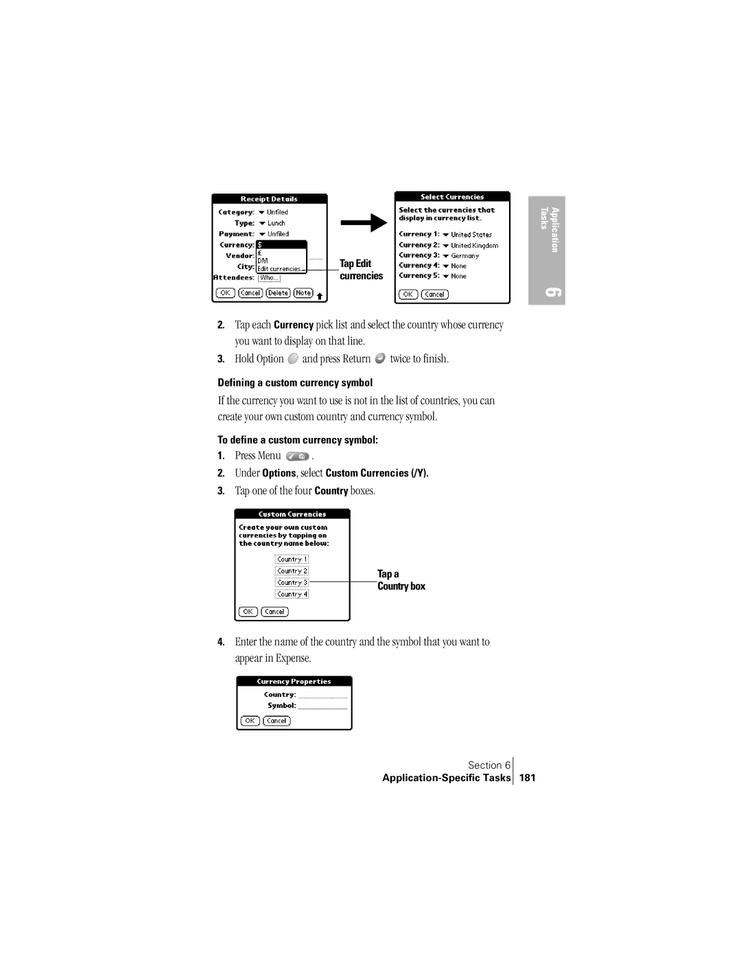 Handspring 300 Tap one of the four Country boxes, Defining a custom currency symbol, To define a custom currency symbol 