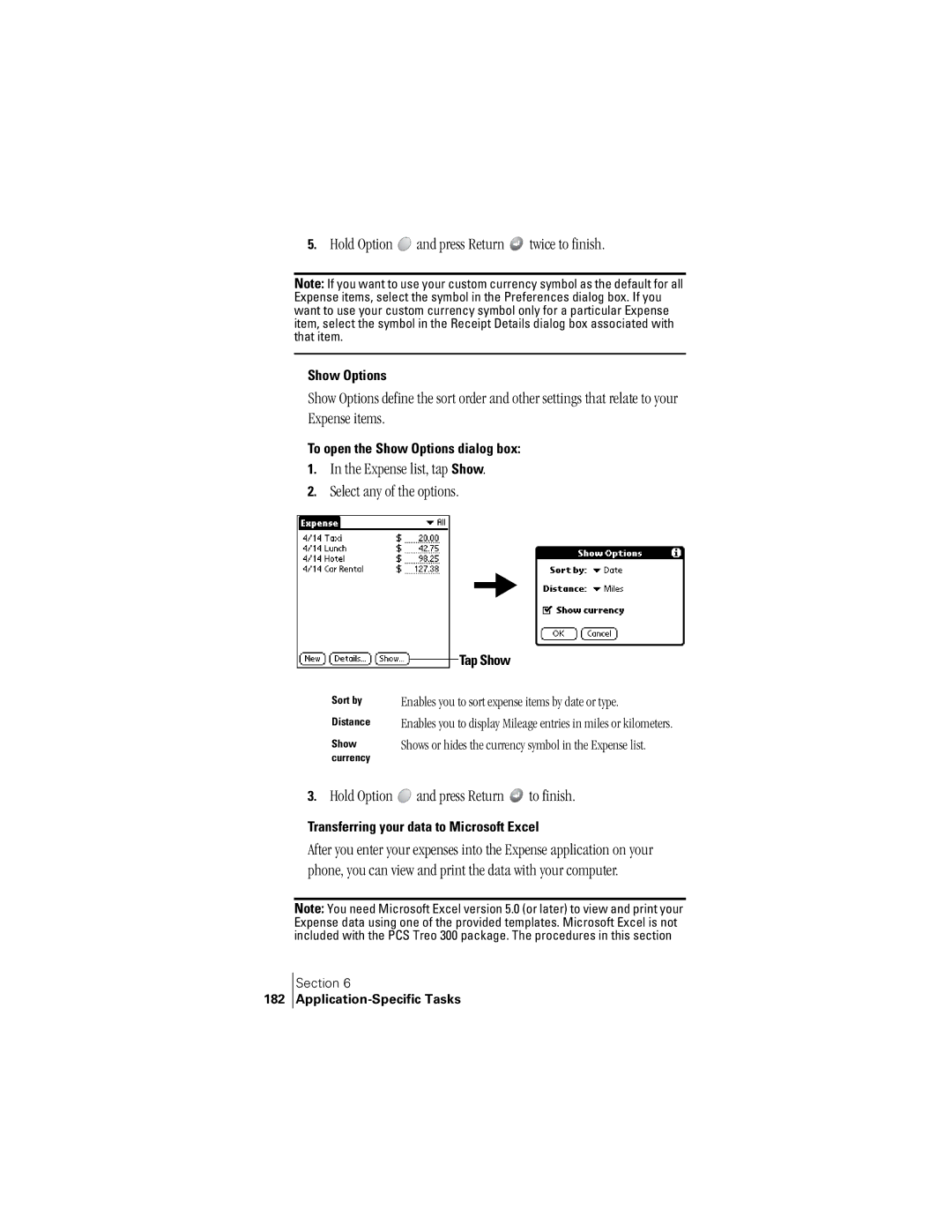 Handspring 300 manual Expense list, tap Show Select any of the options, To open the Show Options dialog box, Tap Show 